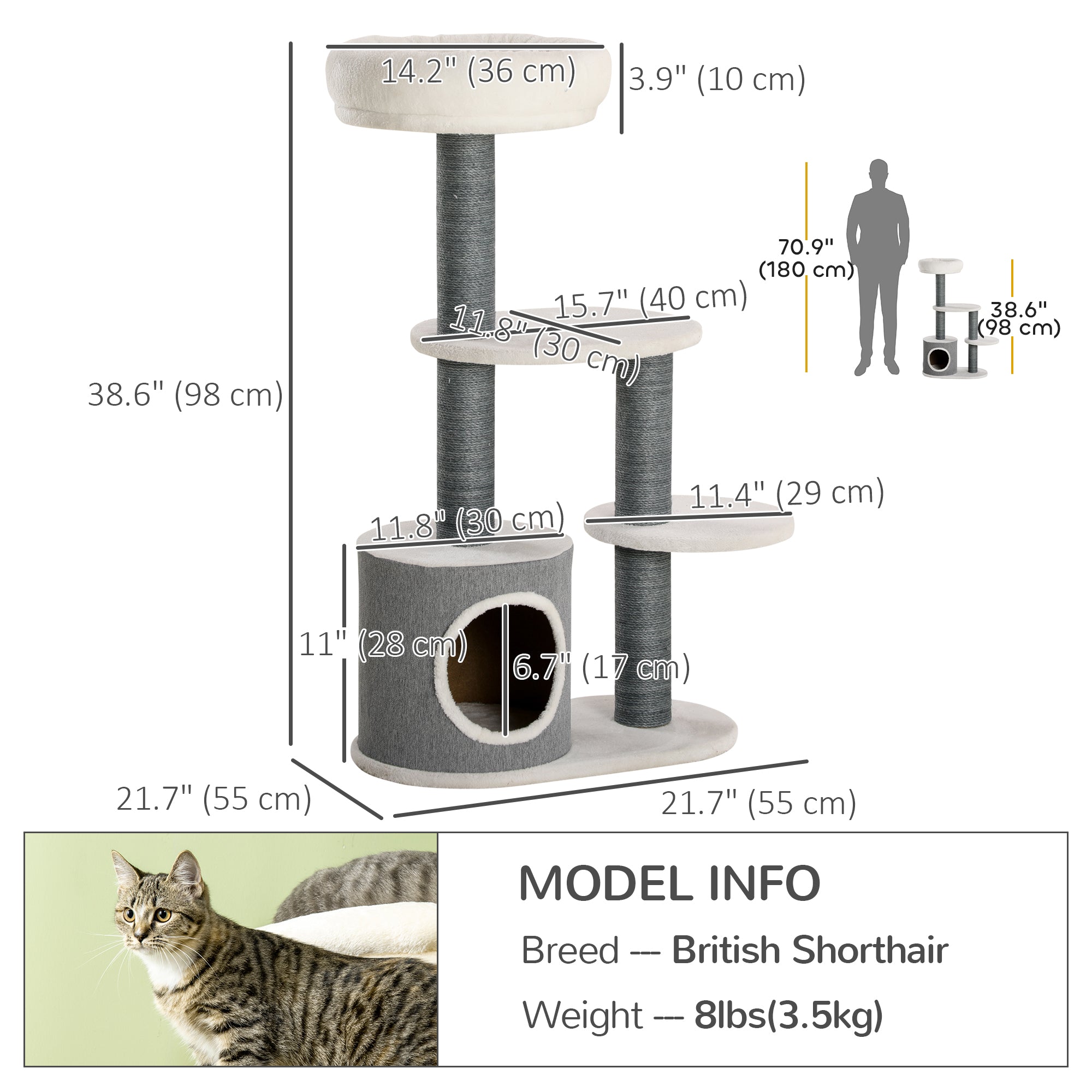 PawHut 39" Cat Tree for Indoor, Cat Tower with Scratching Posts, Condo, Top Perch, Platforms, Multi-level Kitten Activity Centre, White