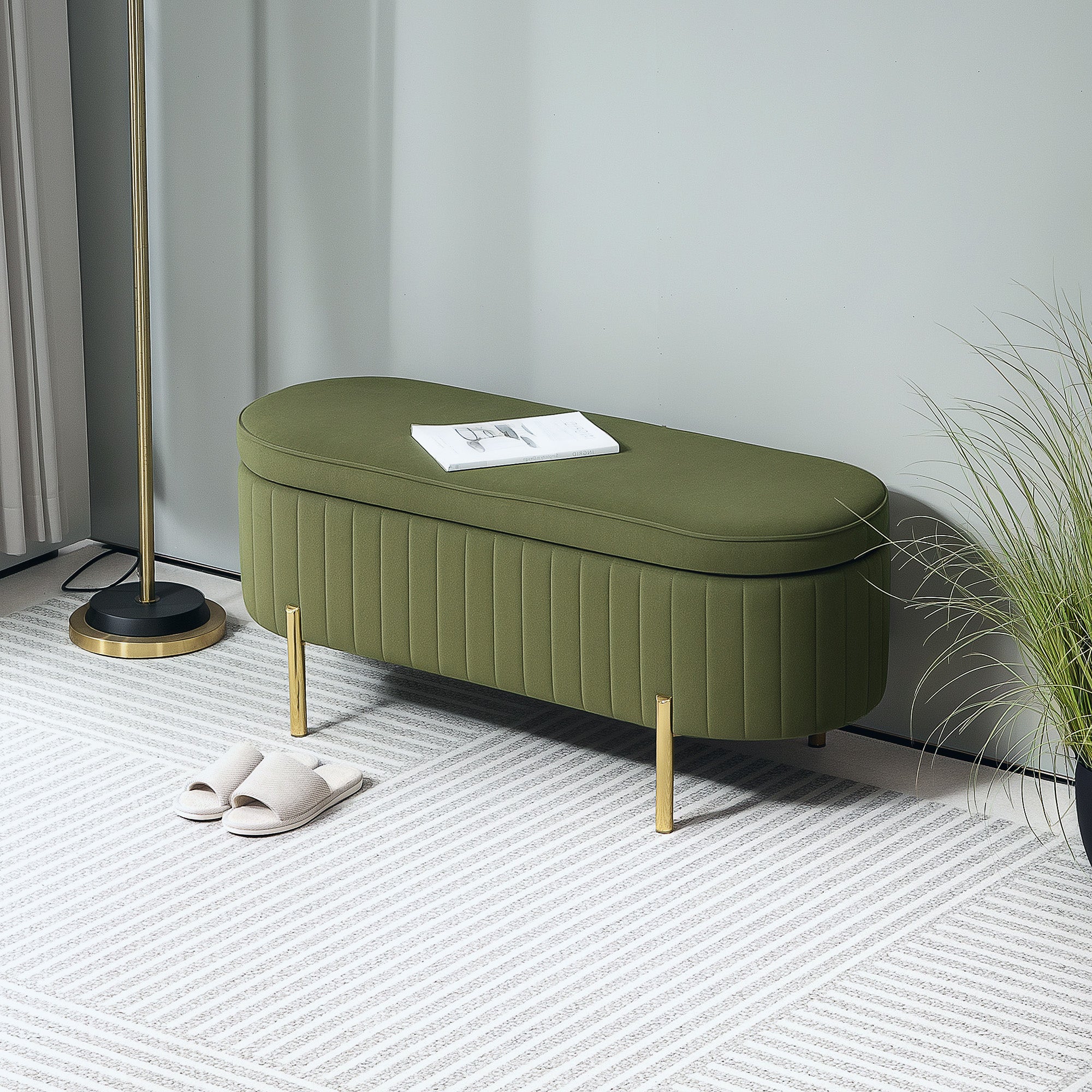 HOMCOM Upholstered Bedroom Bench, Channel Tufted Storage Bench, Bench Seat with Thick Padding and Metal Legs, Ottoman Bench for Bedroom Living Room, Hallway, Dark Green