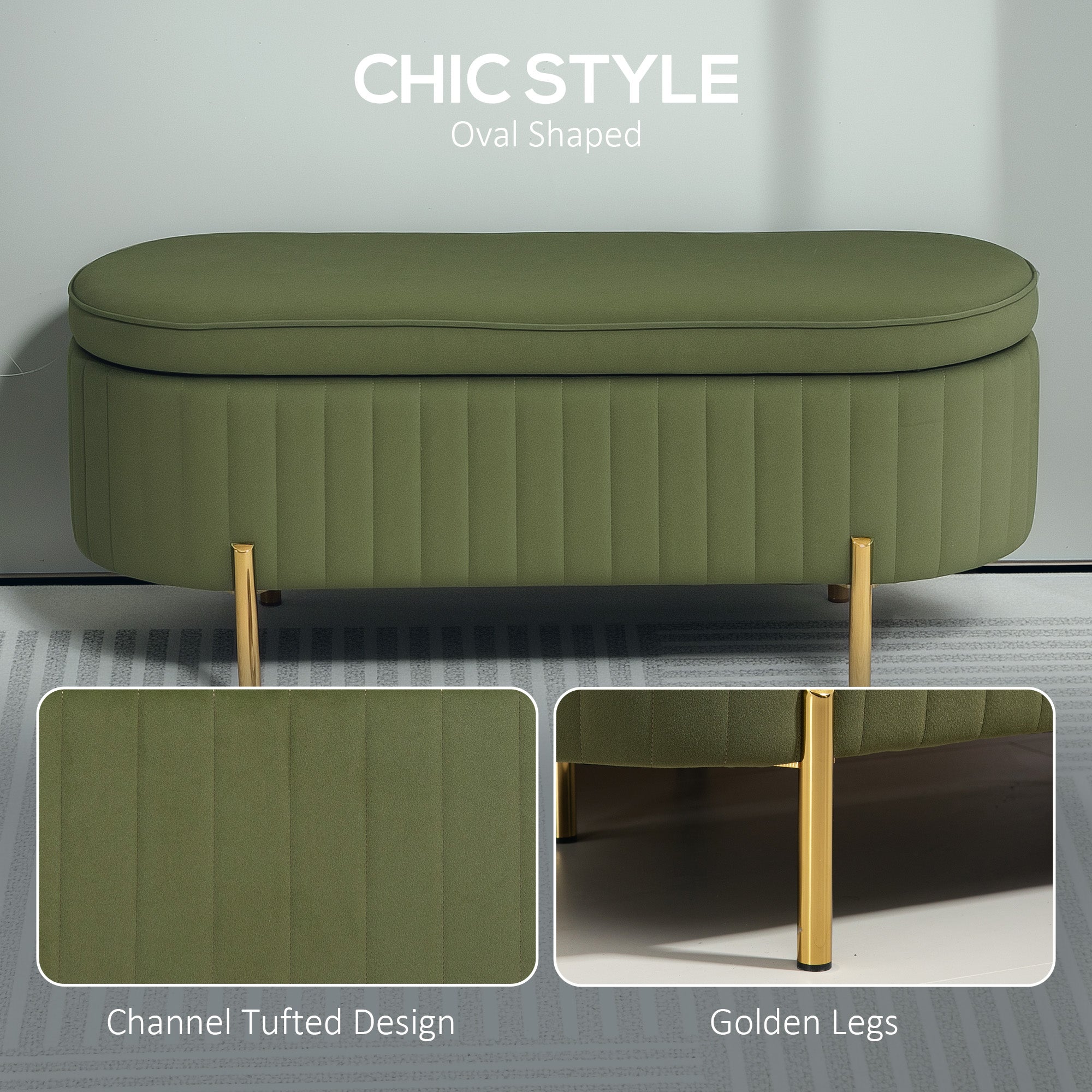 HOMCOM Upholstered Bedroom Bench, Channel Tufted Storage Bench, Bench Seat with Thick Padding and Metal Legs, Ottoman Bench for Bedroom Living Room, Hallway, Dark Green