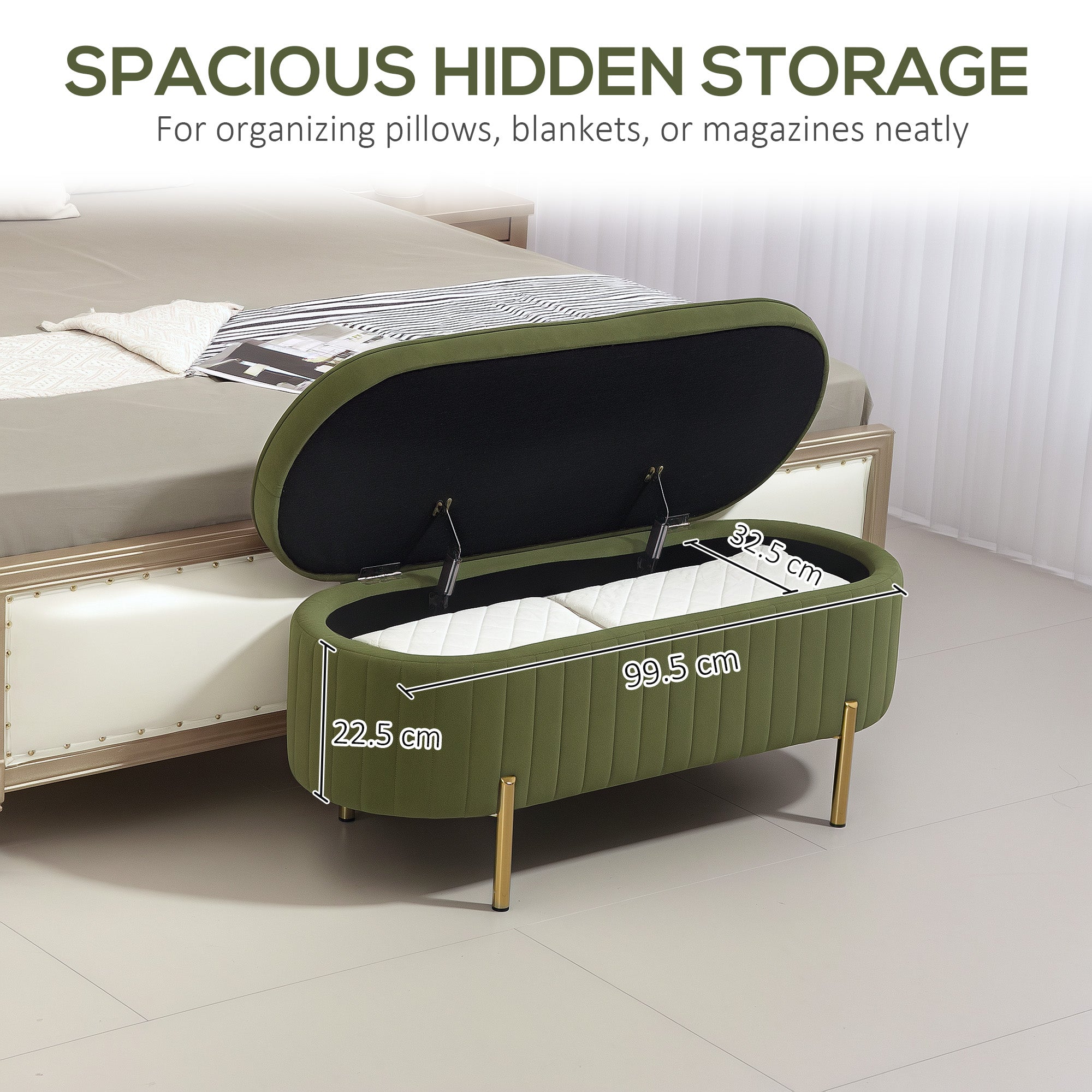 HOMCOM Upholstered Bedroom Bench, Channel Tufted Storage Bench, Bench Seat with Thick Padding and Metal Legs, Ottoman Bench for Bedroom Living Room, Hallway, Dark Green