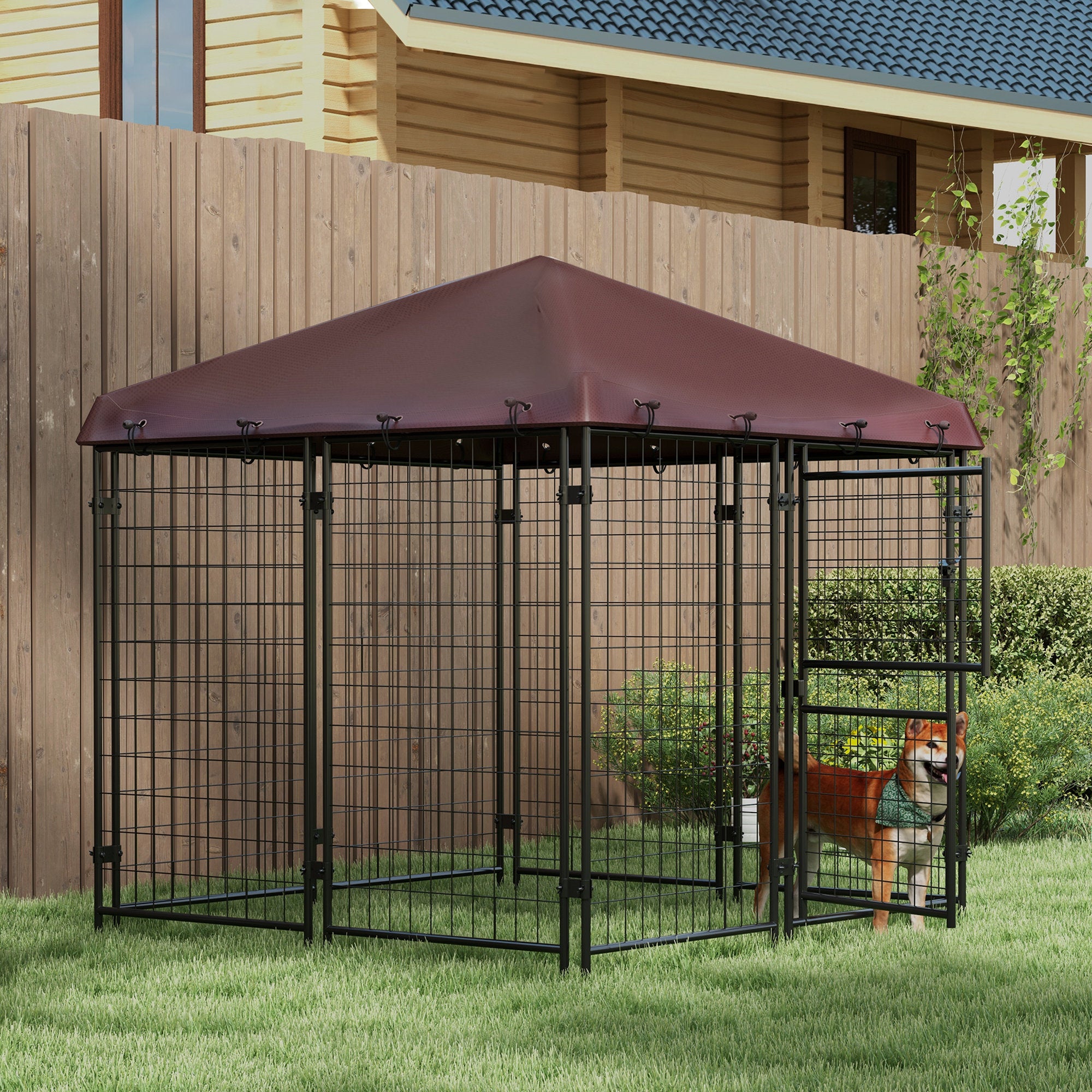 PawHut 4.6' x 4.6' x 5' Dog Kennel Outdoor with Waterproof Cover, Dog Playpen for Small and Medium-Sized Dogs with Two Part Door Design, Brown
