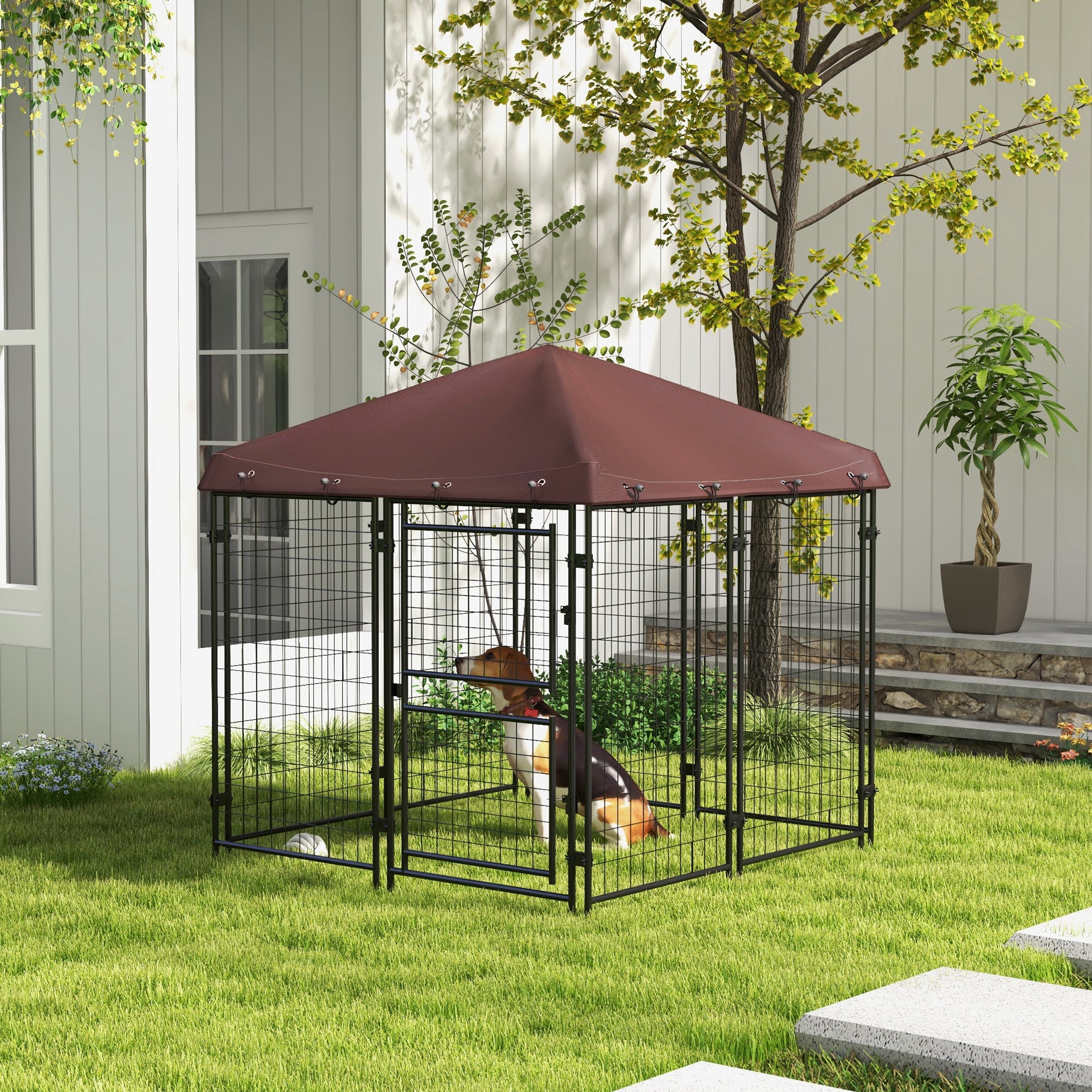 PawHut 4.6' x 4.6' x 5' Dog Kennel Outdoor with Waterproof Cover, Dog Playpen for Small and Medium-Sized Dogs with Two Part Door Design, Brown