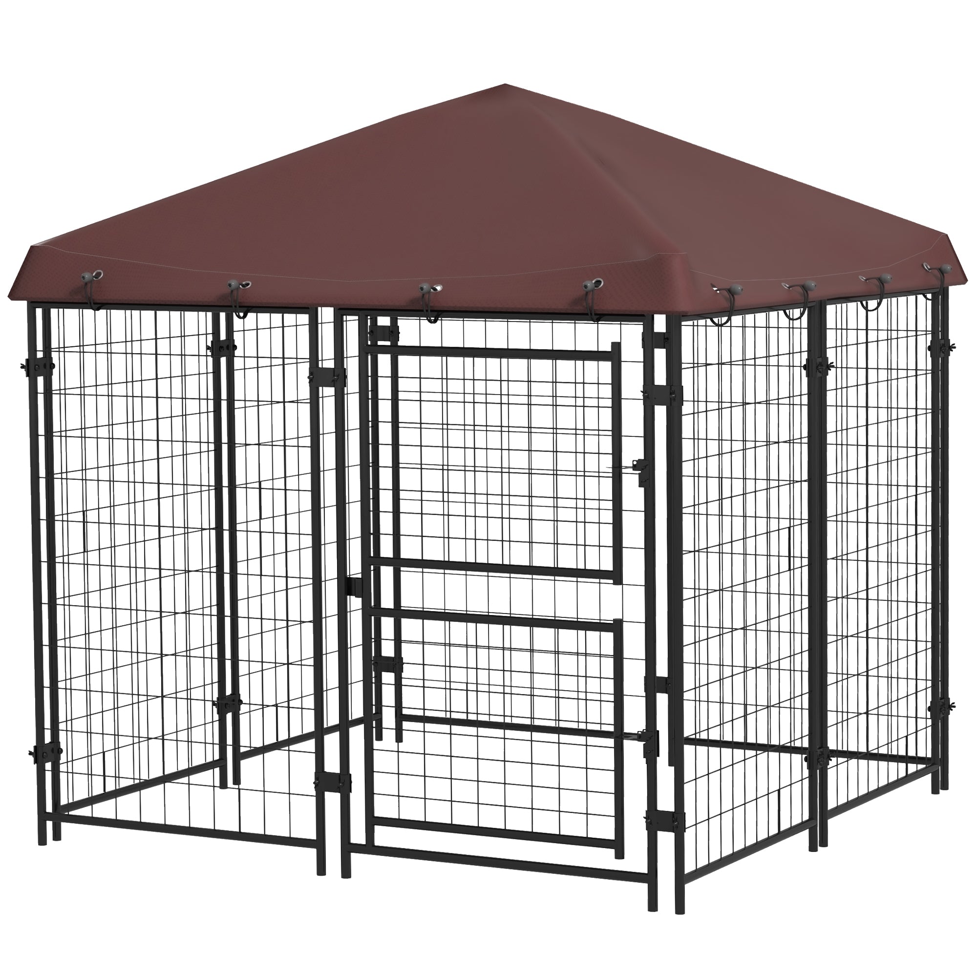 PawHut 4.6' x 4.6' x 5' Dog Kennel Outdoor with Waterproof Cover, Dog Playpen for Small and Medium-Sized Dogs with Two Part Door Design, Brown