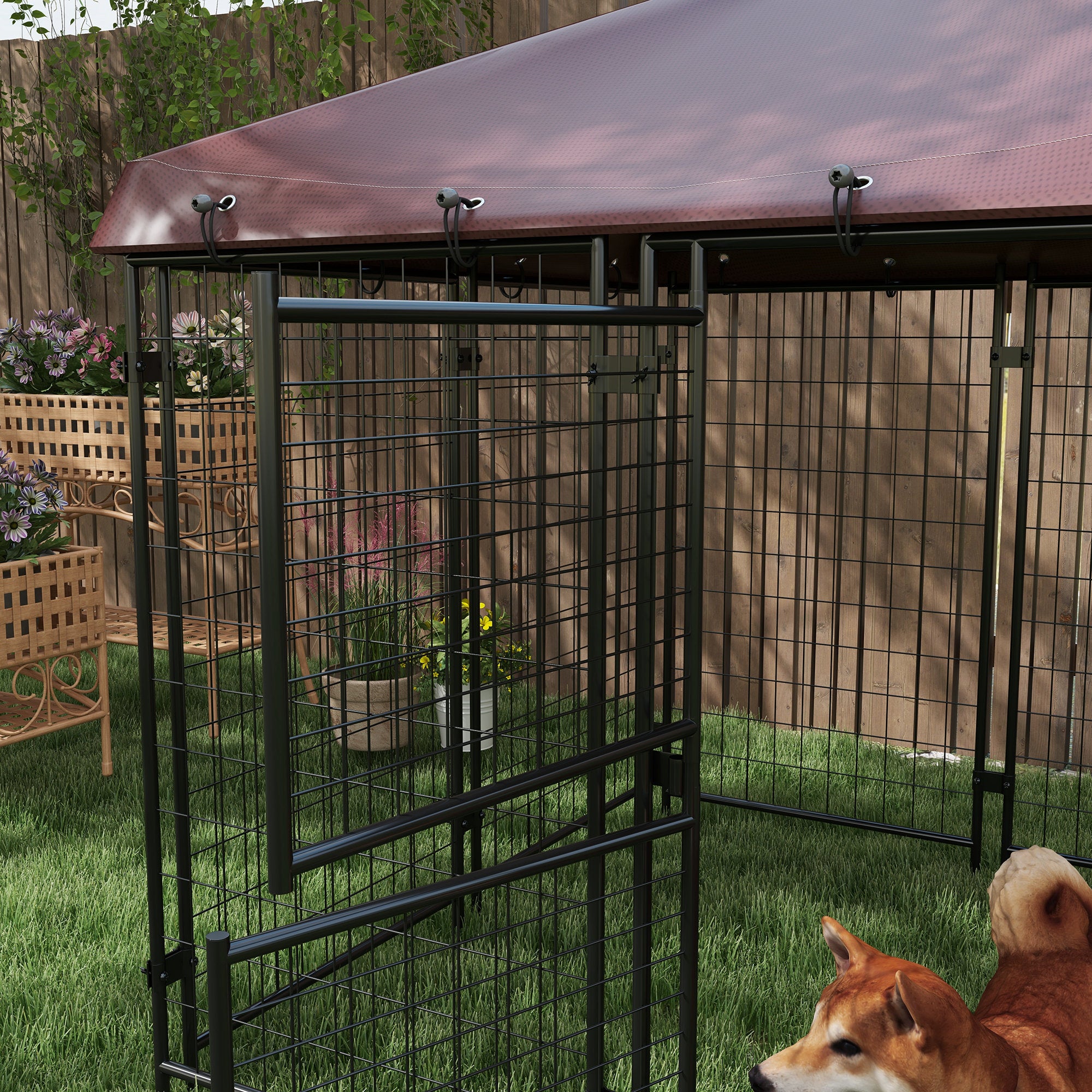 PawHut 4.6' x 4.6' x 5' Dog Kennel Outdoor with Waterproof Cover, Dog Playpen for Small and Medium-Sized Dogs with Two Part Door Design, Brown