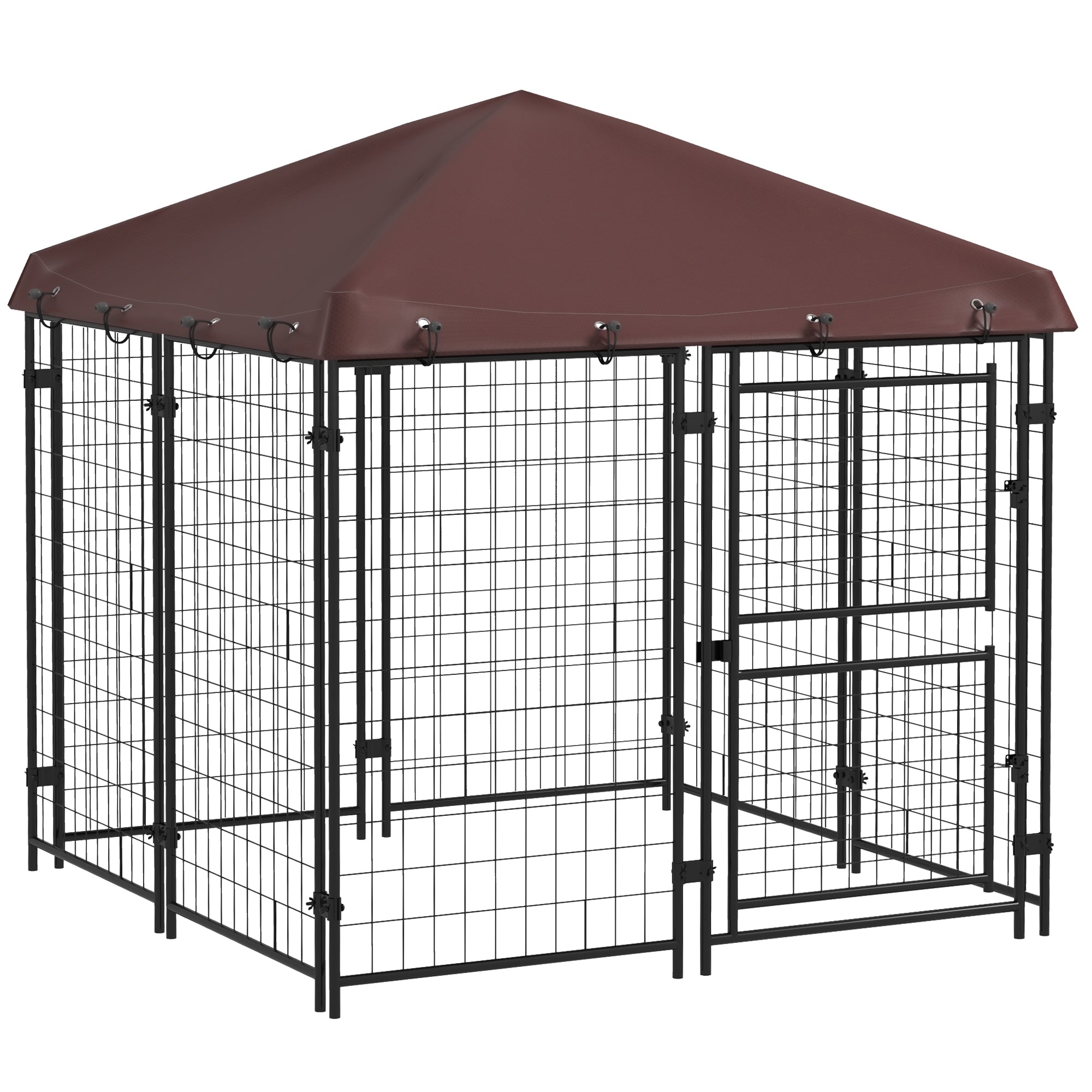 PawHut 4.6' x 4.6' x 5' Dog Kennel Outdoor with Waterproof Cover, Dog Playpen for Small and Medium-Sized Dogs with Two Part Door Design, Brown