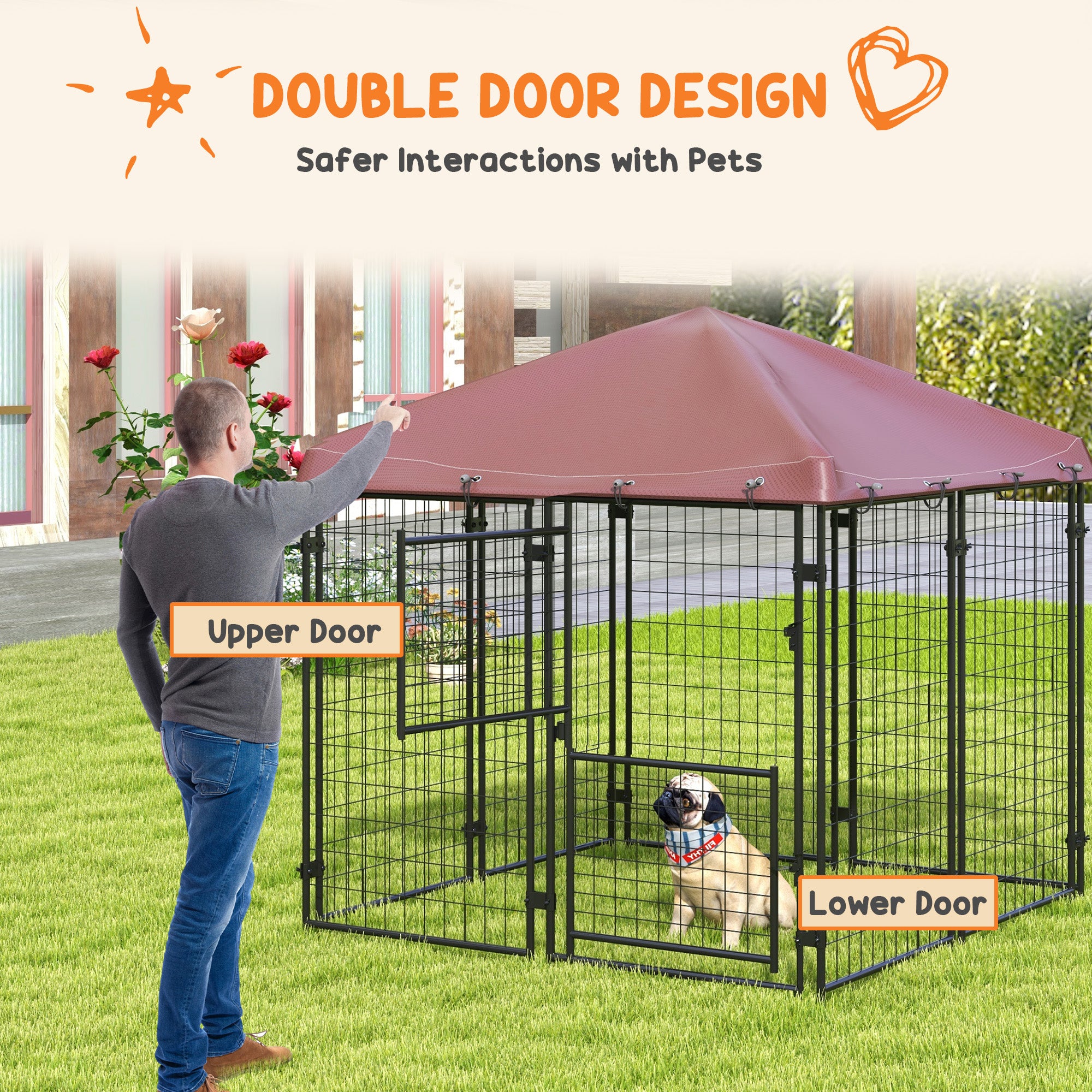 PawHut 4.6' x 4.6' x 5' Dog Kennel Outdoor with Waterproof Cover, Dog Playpen for Small and Medium-Sized Dogs with Two Part Door Design, Brown
