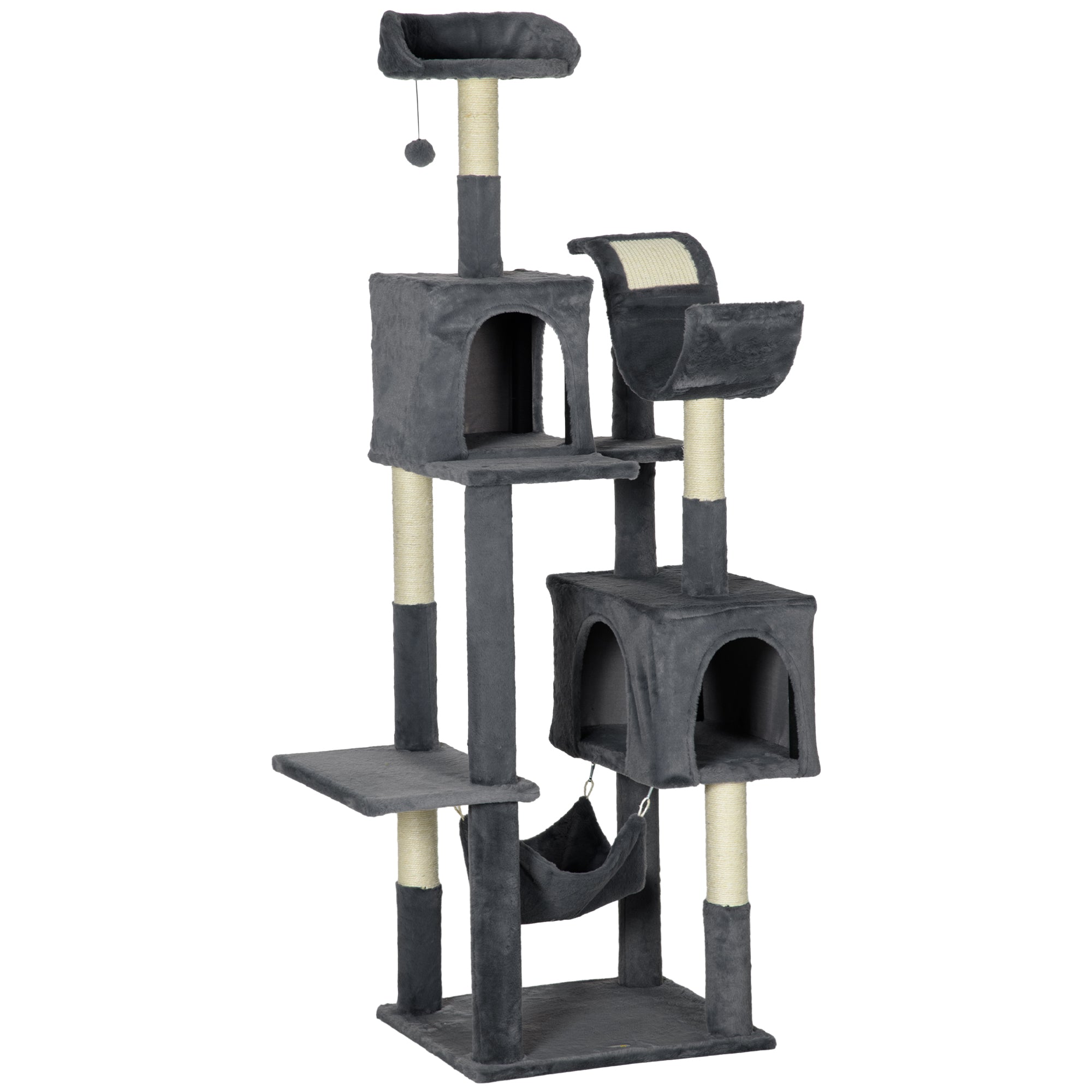 PawHut 177cm Cat Tree for Indoor Cats, Mult-level Kitten Climbing Tower, with Scratching Posts, Two Cat Houses, Perches, Toy Ball - Dark Grey