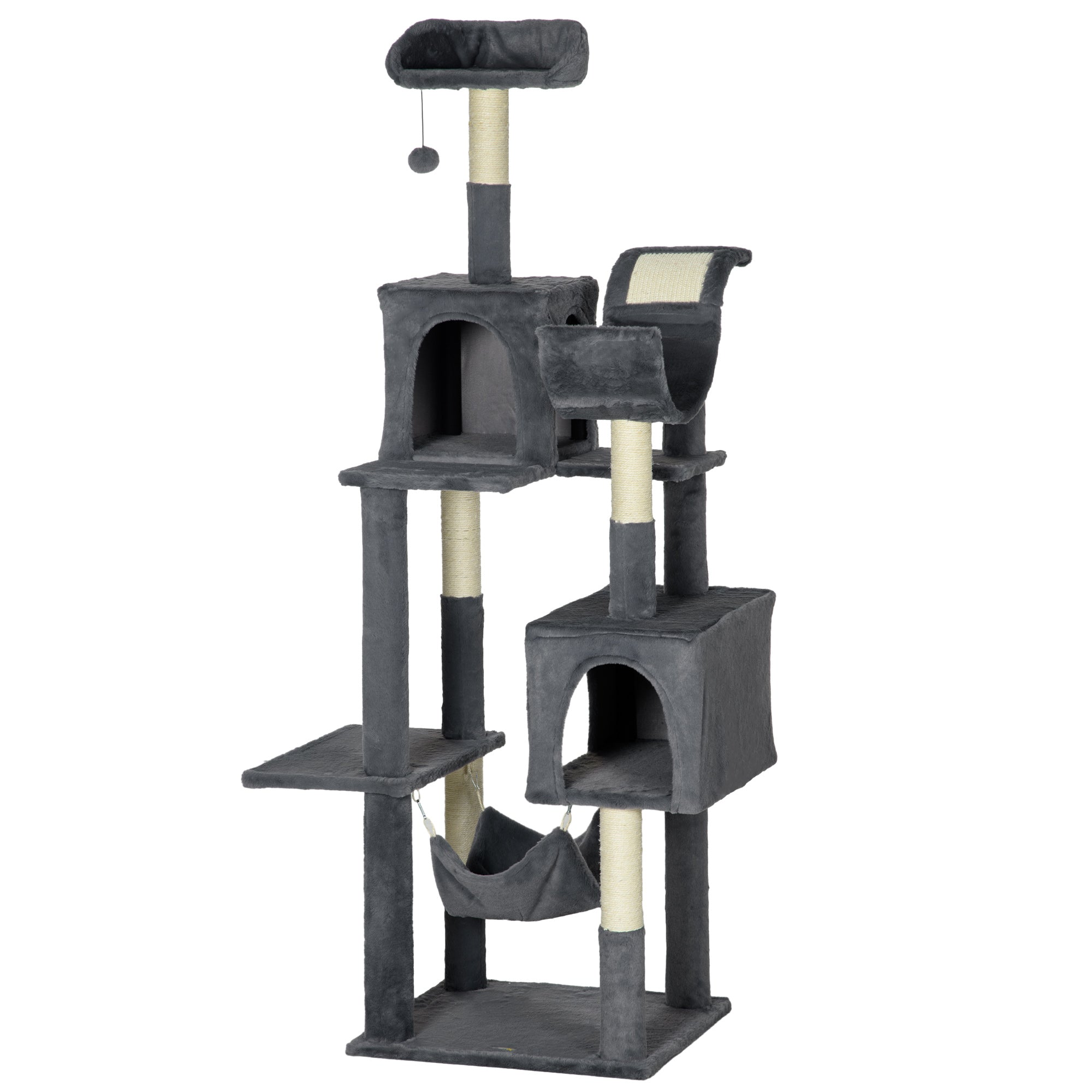 PawHut 177cm Cat Tree for Indoor Cats, Mult-level Kitten Climbing Tower, with Scratching Posts, Two Cat Houses, Perches, Toy Ball - Dark Grey