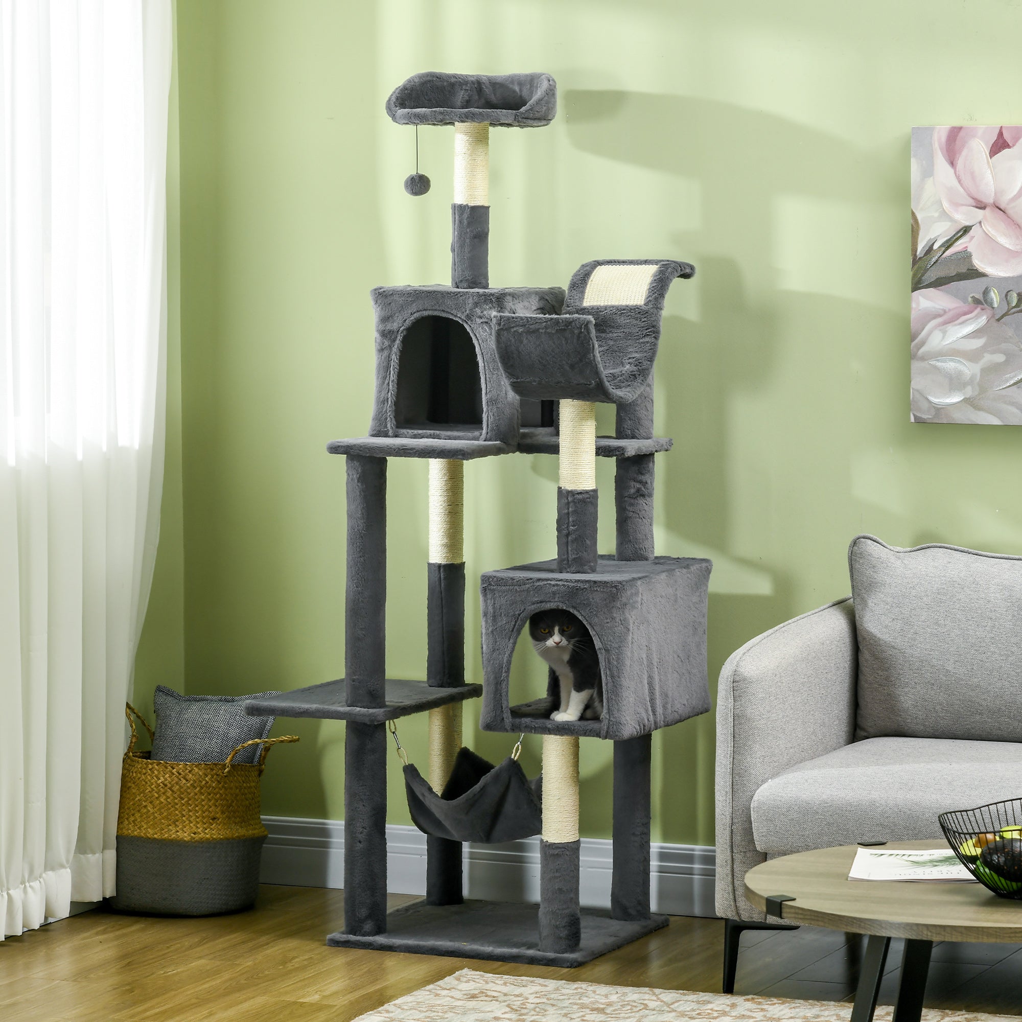 PawHut 177cm Cat Tree for Indoor Cats, Mult-level Kitten Climbing Tower, with Scratching Posts, Two Cat Houses, Perches, Toy Ball - Dark Grey