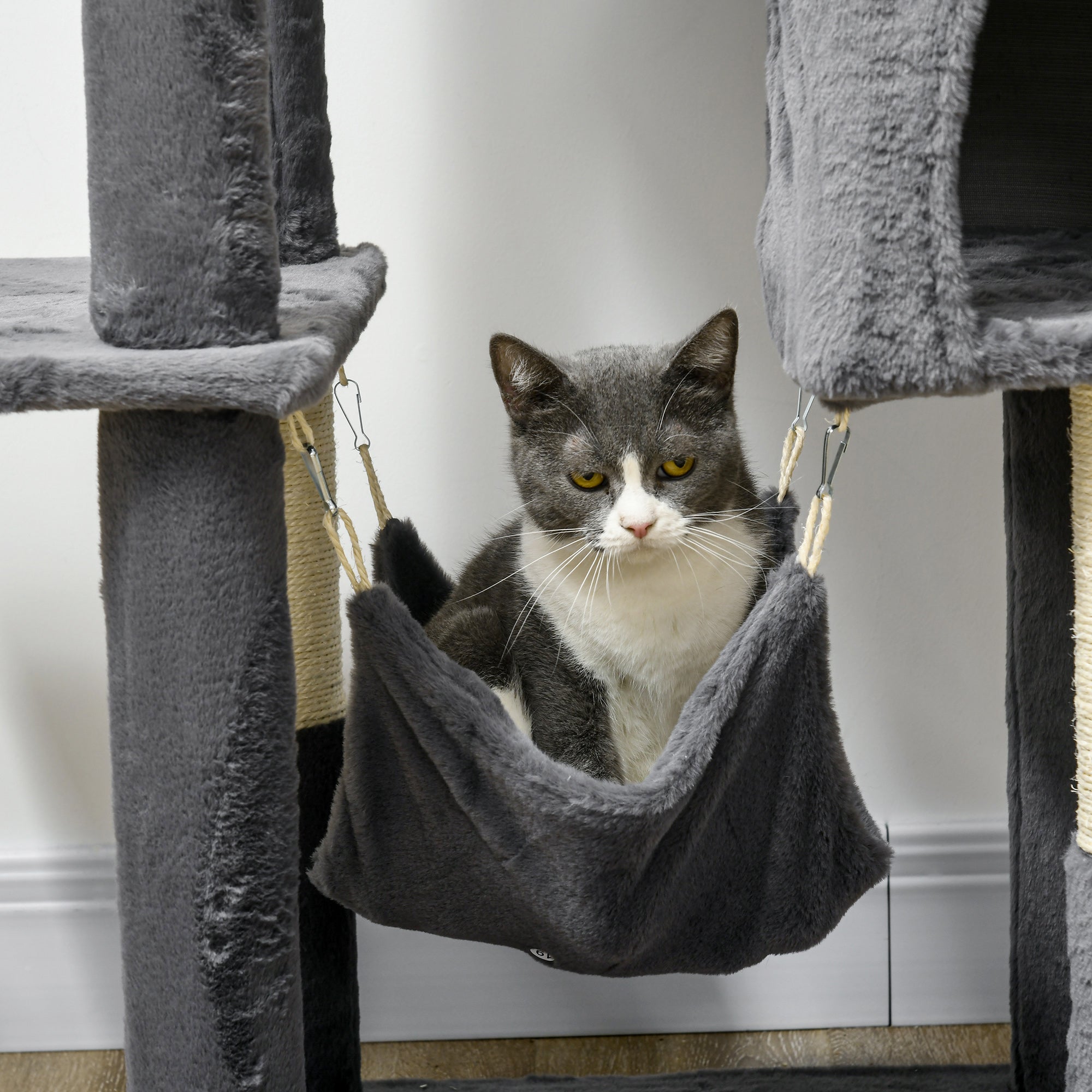 PawHut 177cm Cat Tree for Indoor Cats, Mult-level Kitten Climbing Tower, with Scratching Posts, Two Cat Houses, Perches, Toy Ball - Dark Grey