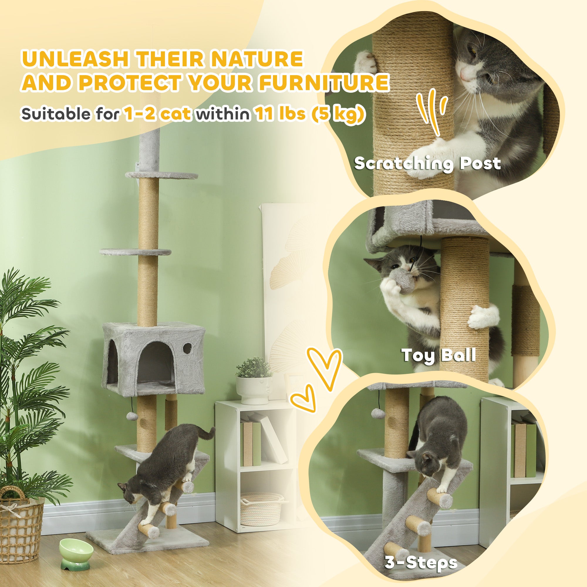 PawHut Floor to Ceiling Cat Tree for Large Cats Adult, Cat Tower Adjustable Height 89"-104" w/ Scratching Post, Cat House, 3-Steps, Hanging Ball, Perches, Anti-tip Kit, Light Grey