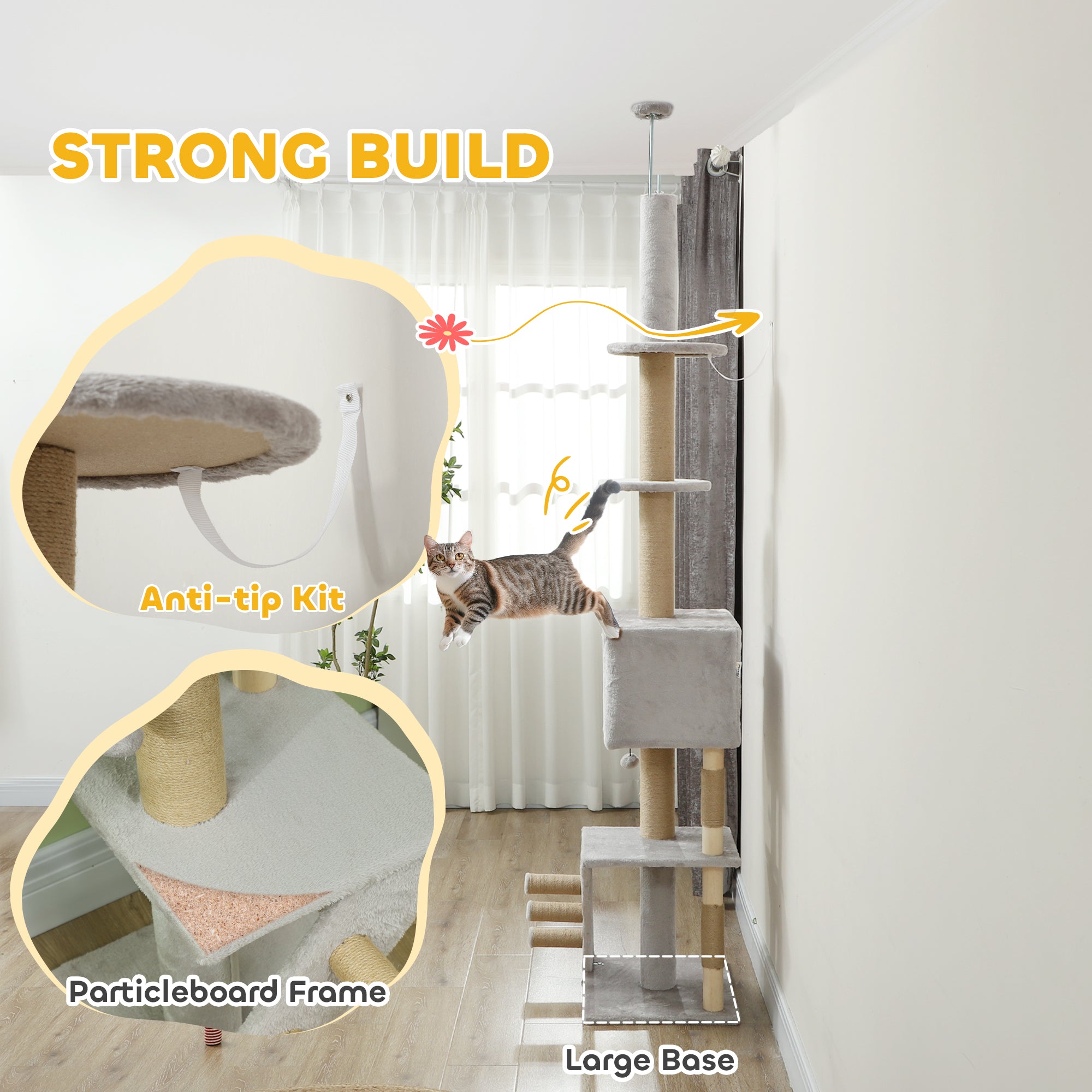 PawHut Floor to Ceiling Cat Tree for Large Cats Adult, Cat Tower Adjustable Height 89"-104" w/ Scratching Post, Cat House, 3-Steps, Hanging Ball, Perches, Anti-tip Kit, Light Grey