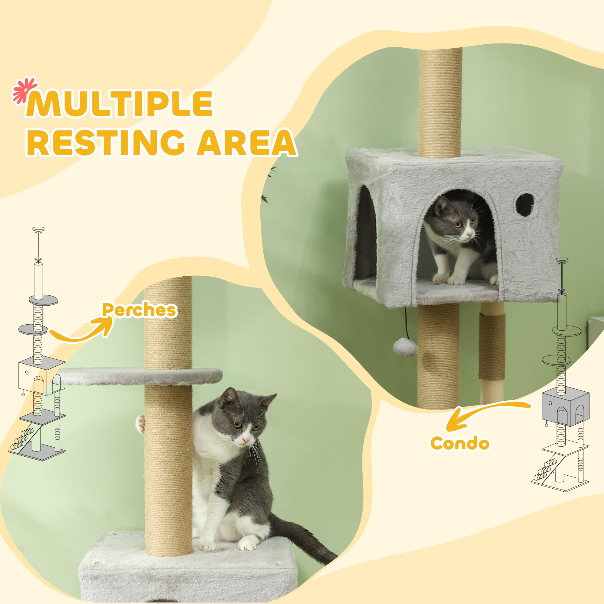PawHut Floor to Ceiling Cat Tree for Large Cats Adult, Cat Tower Adjustable Height 89"-104" w/ Scratching Post, Cat House, 3-Steps, Hanging Ball, Perches, Anti-tip Kit, Light Grey