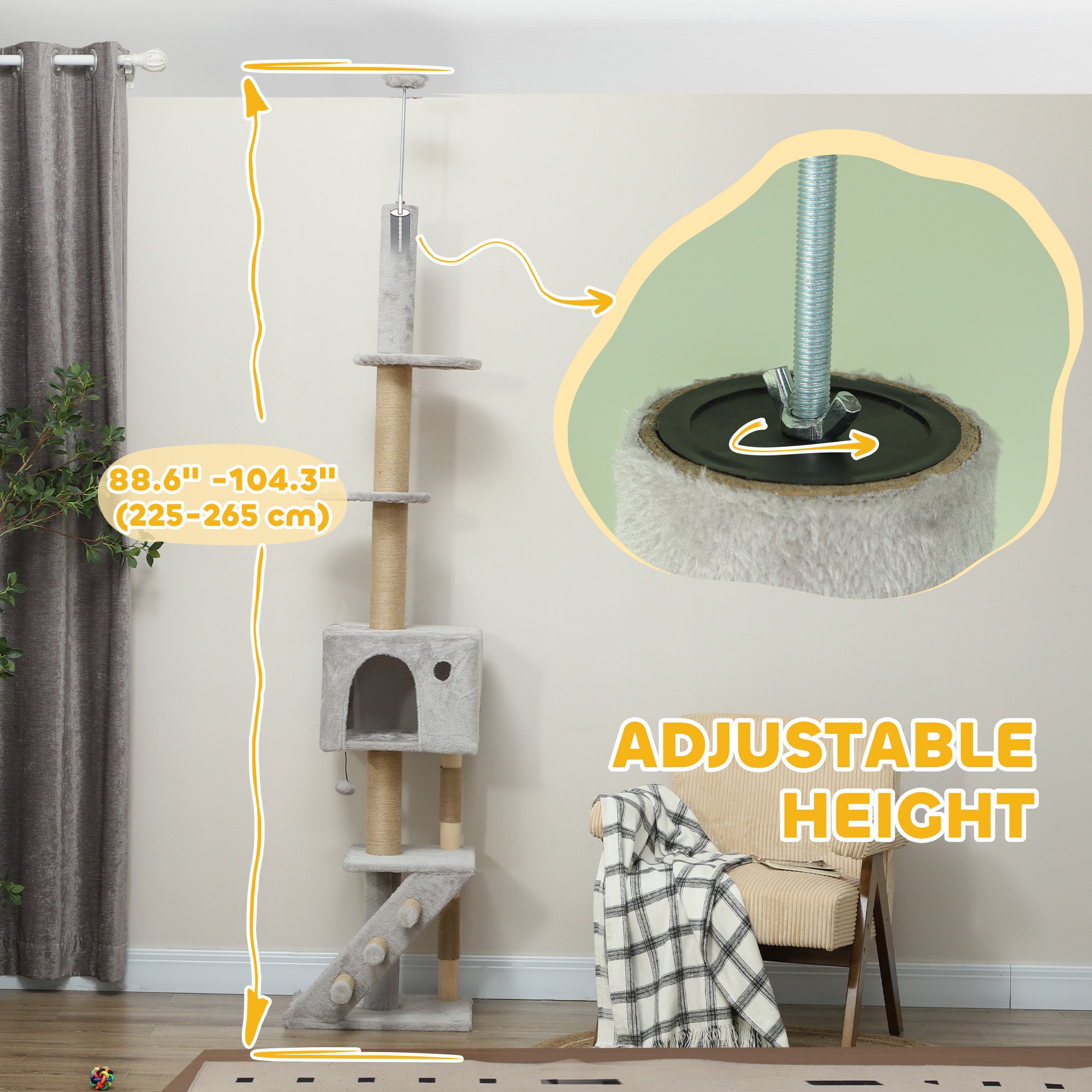 PawHut Floor to Ceiling Cat Tree for Large Cats Adult, Cat Tower Adjustable Height 89"-104" w/ Scratching Post, Cat House, 3-Steps, Hanging Ball, Perches, Anti-tip Kit, Light Grey