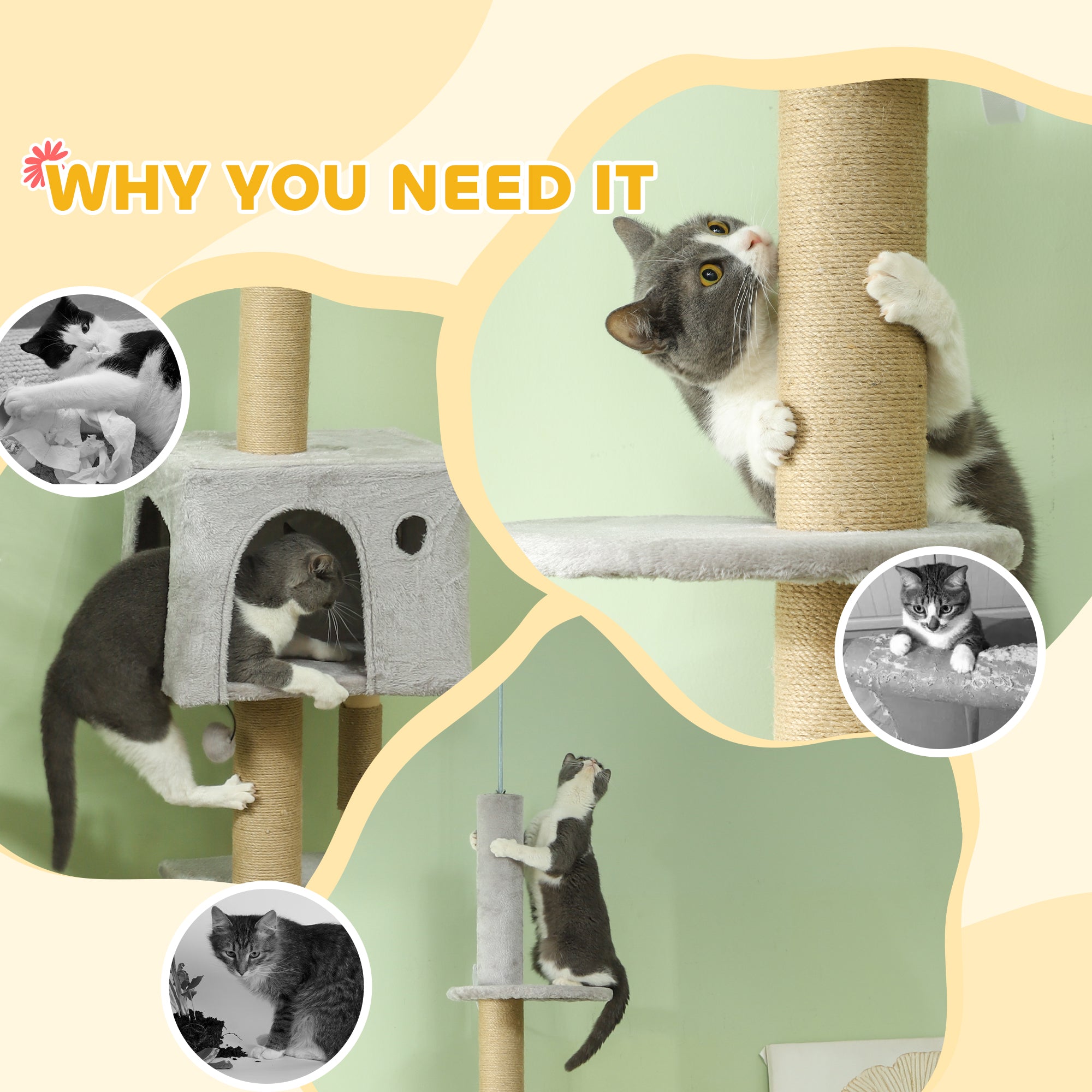 PawHut Floor to Ceiling Cat Tree for Large Cats Adult, Cat Tower Adjustable Height 89"-104" w/ Scratching Post, Cat House, 3-Steps, Hanging Ball, Perches, Anti-tip Kit, Light Grey