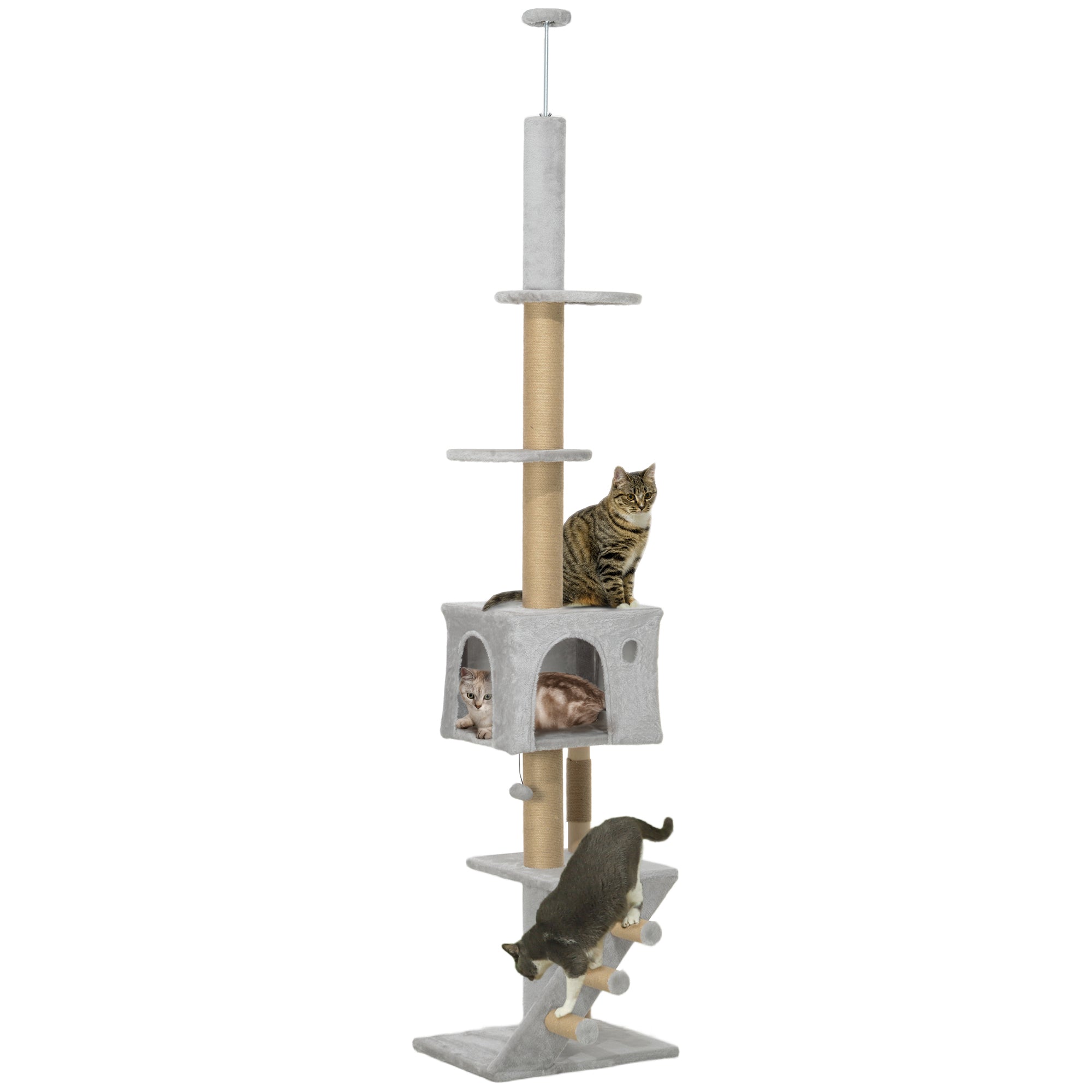 PawHut Floor to Ceiling Cat Tree for Large Cats Adult, Cat Tower Adjustable Height 89"-104" w/ Scratching Post, Cat House, 3-Steps, Hanging Ball, Perches, Anti-tip Kit, Light Grey