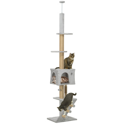 PawHut Floor to Ceiling Cat Tree for Large Cats Adult, Cat Tower Adjustable Height 89"-104" w/ Scratching Post, Cat House, 3-Steps, Hanging Ball, Perches, Anti-tip Kit, Light Grey