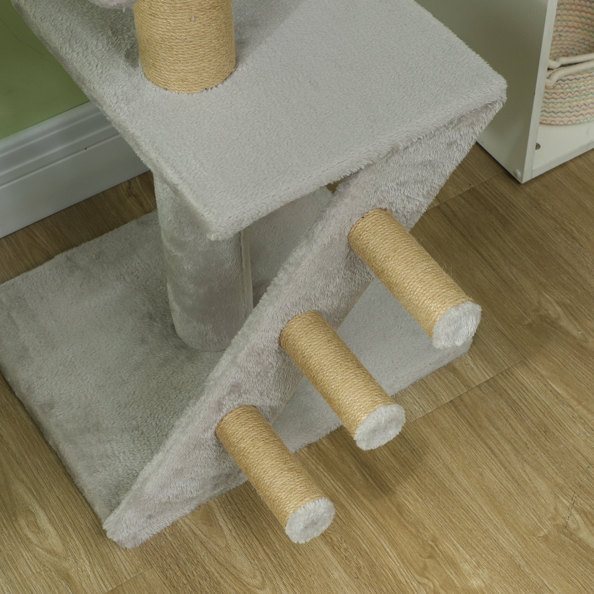 PawHut Floor to Ceiling Cat Tree for Large Cats Adult, Cat Tower Adjustable Height 89"-104" w/ Scratching Post, Cat House, 3-Steps, Hanging Ball, Perches, Anti-tip Kit, Light Grey