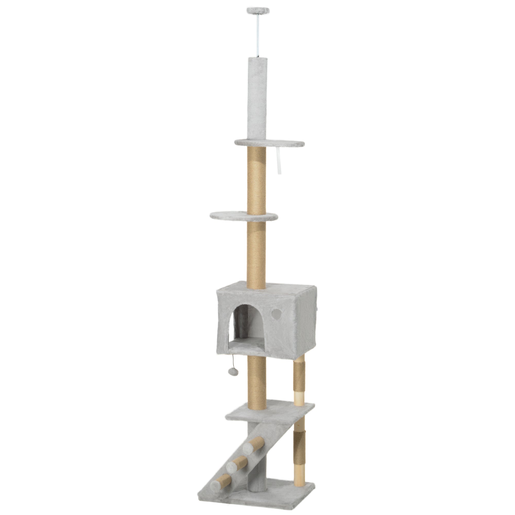 PawHut Floor to Ceiling Cat Tree for Large Cats Adult, Cat Tower Adjustable Height 89"-104" w/ Scratching Post, Cat House, 3-Steps, Hanging Ball, Perches, Anti-tip Kit, Light Grey
