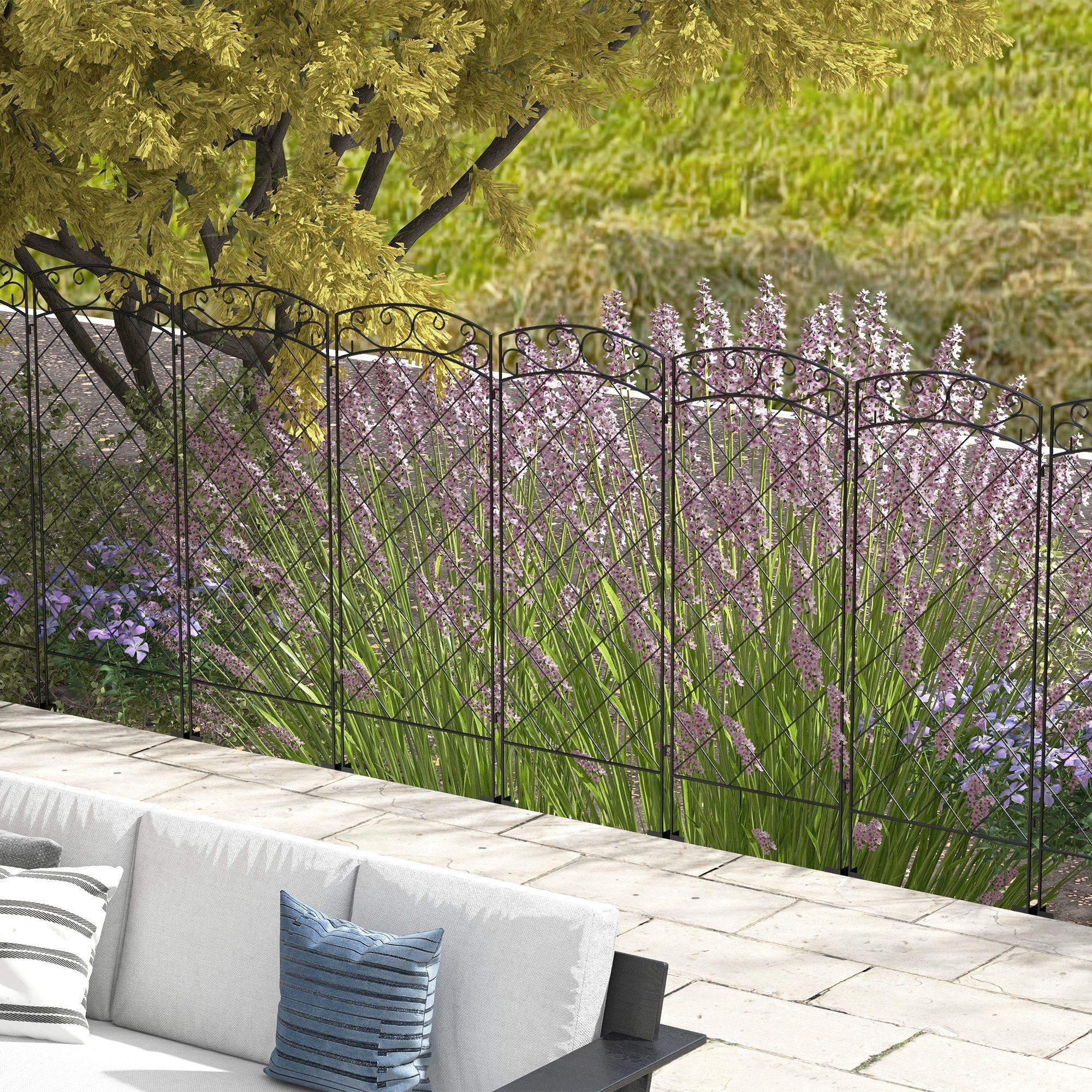 Outsunny Garden Fence, 7 Pack Steel Fence Panels, 11.3' L x 43" H, Rust-Resistant Animal Barrier, Decorative Border Flower Edging for Yard, Patio, Outdoor Decor, Swirl Vines