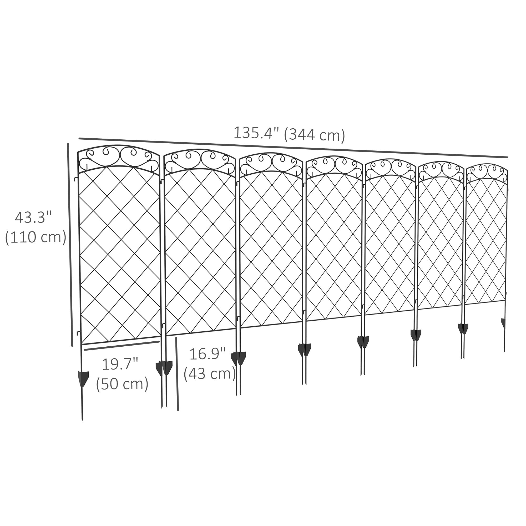 Outsunny Garden Fence, 7 Pack Steel Fence Panels, 11.3' L x 43" H, Rust-Resistant Animal Barrier, Decorative Border Flower Edging for Yard, Patio, Outdoor Decor, Swirl Vines