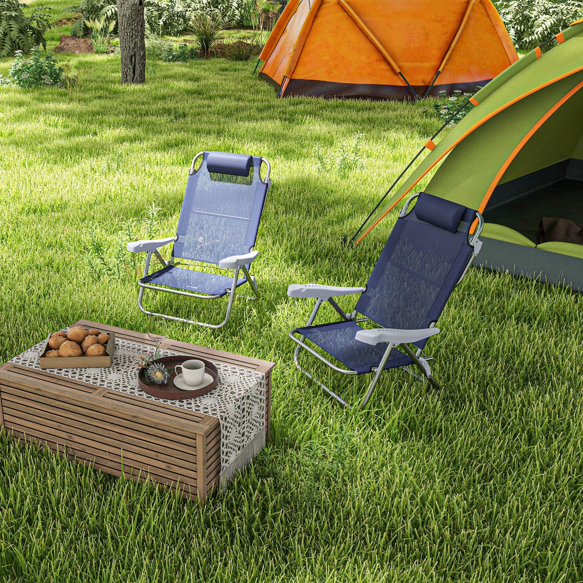 Outsunny Set of 2 Portable Fishing Chairs, Lightweight Camping Chairs with 6-Level Adjustable Backrest and Headrest, Folding Chair for Outdoor, Beach, Dark Blue