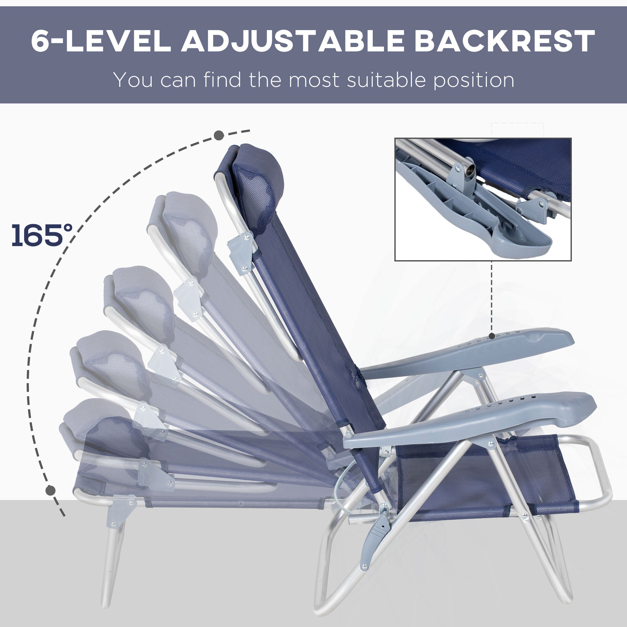 Outsunny Set of 2 Portable Fishing Chairs, Lightweight Camping Chairs with 6-Level Adjustable Backrest and Headrest, Folding Chair for Outdoor, Beach, Dark Blue