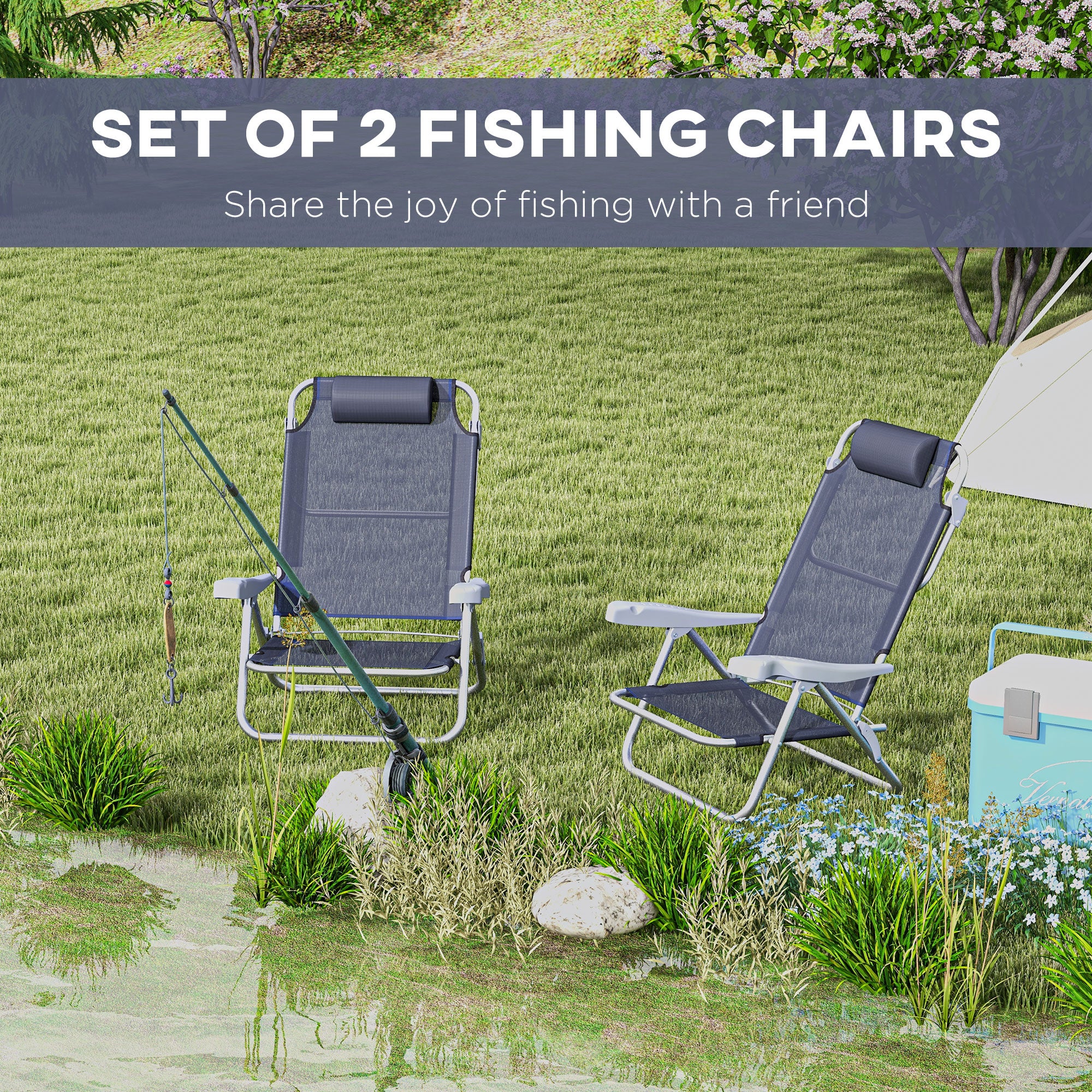 Outsunny Set of 2 Portable Fishing Chairs, Lightweight Camping Chairs with 6-Level Adjustable Backrest and Headrest, Folding Chair for Outdoor, Beach, Dark Blue