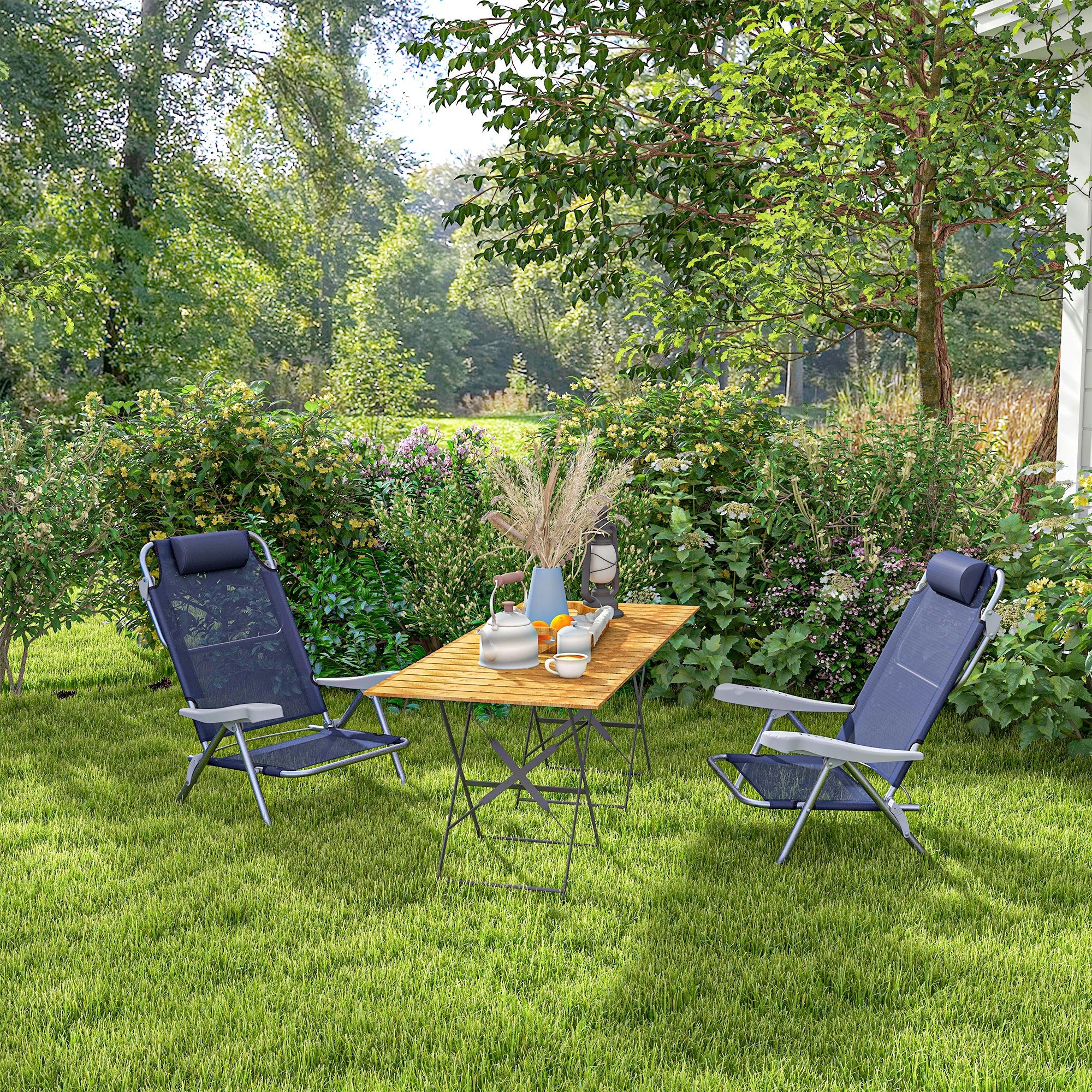 Outsunny Set of 2 Portable Fishing Chairs, Lightweight Camping Chairs with 6-Level Adjustable Backrest and Headrest, Folding Chair for Outdoor, Beach, Dark Blue