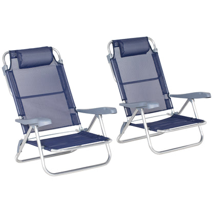 Outsunny Set of 2 Portable Fishing Chairs, Lightweight Camping Chairs with 6-Level Adjustable Backrest and Headrest, Folding Chair for Outdoor, Beach, Dark Blue