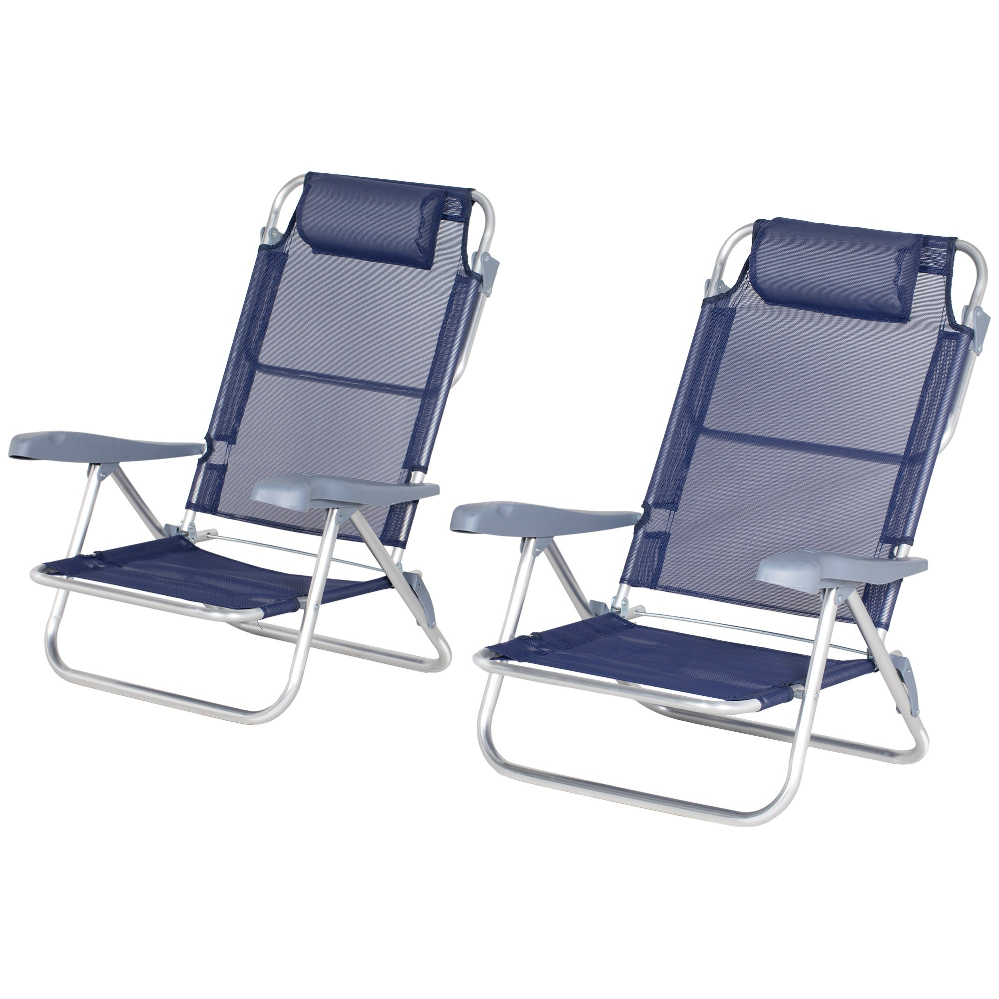 Outsunny Set of 2 Portable Fishing Chairs, Lightweight Camping Chairs with 6-Level Adjustable Backrest and Headrest, Folding Chair for Outdoor, Beach, Dark Blue