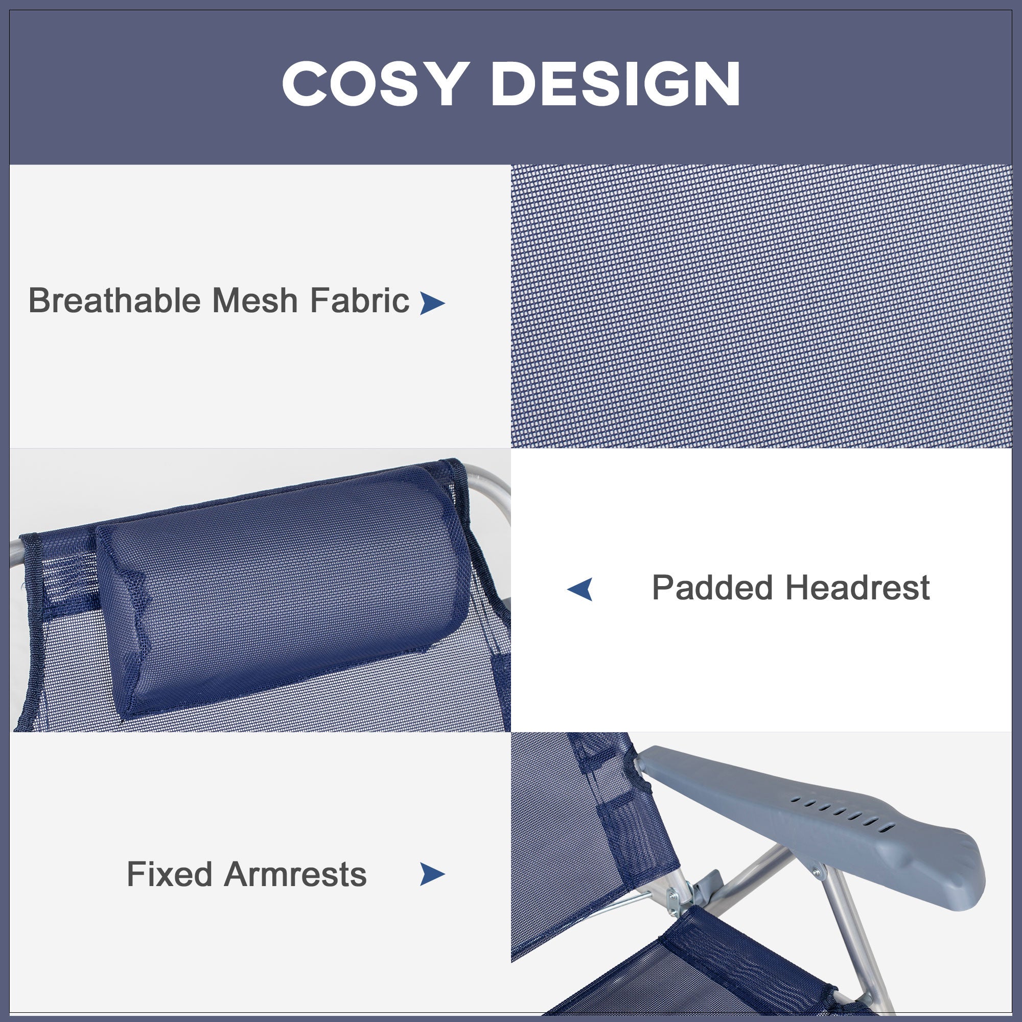 Outsunny Set of 2 Portable Fishing Chairs, Lightweight Camping Chairs with 6-Level Adjustable Backrest and Headrest, Folding Chair for Outdoor, Beach, Dark Blue