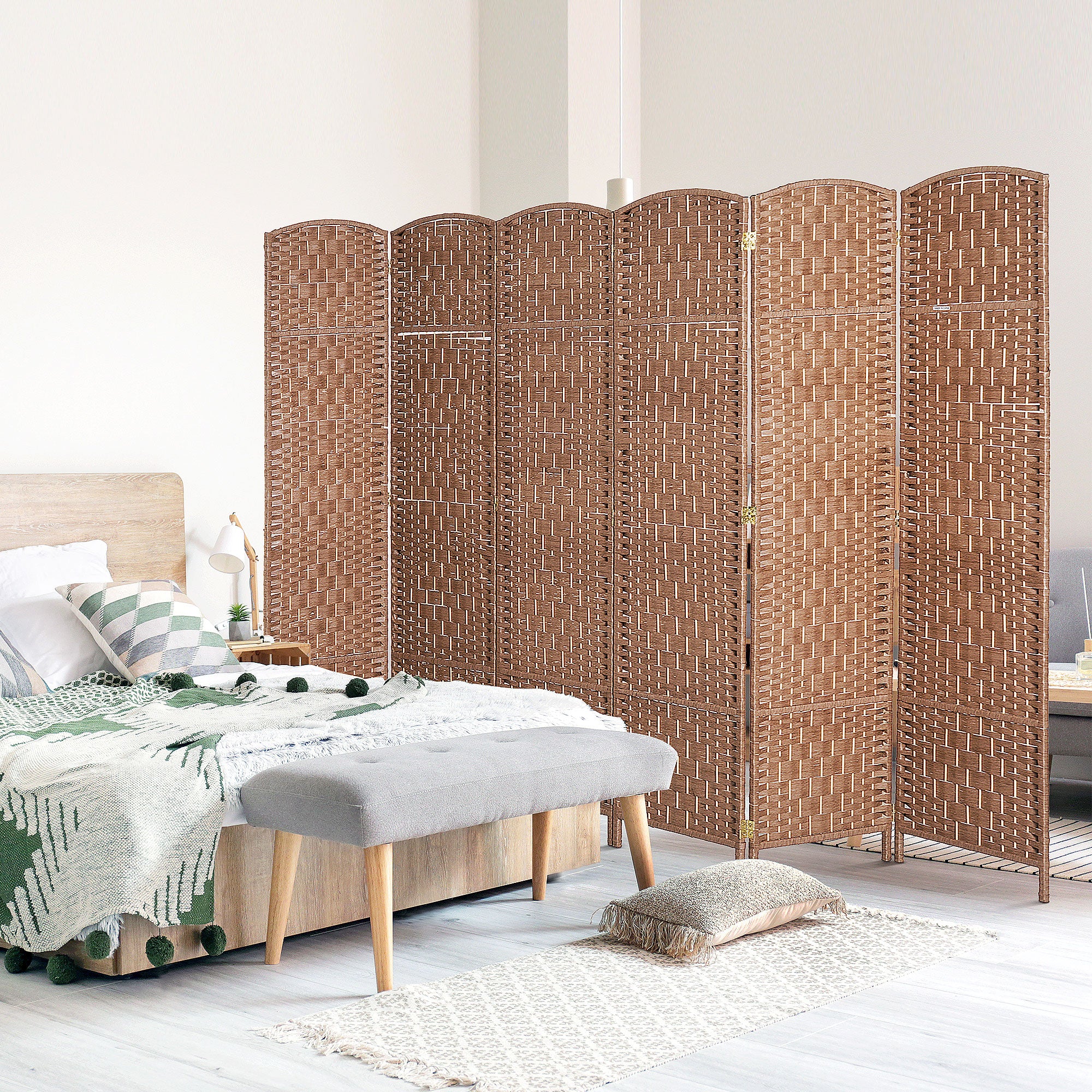 HOMCOM 6 Panels Room Divider, 6 Ft Tall Indoor Portable Folding Privacy Screens, Hand-Woven Double Hinged Freestanding Partition Wall Divider for Home Office, Natural