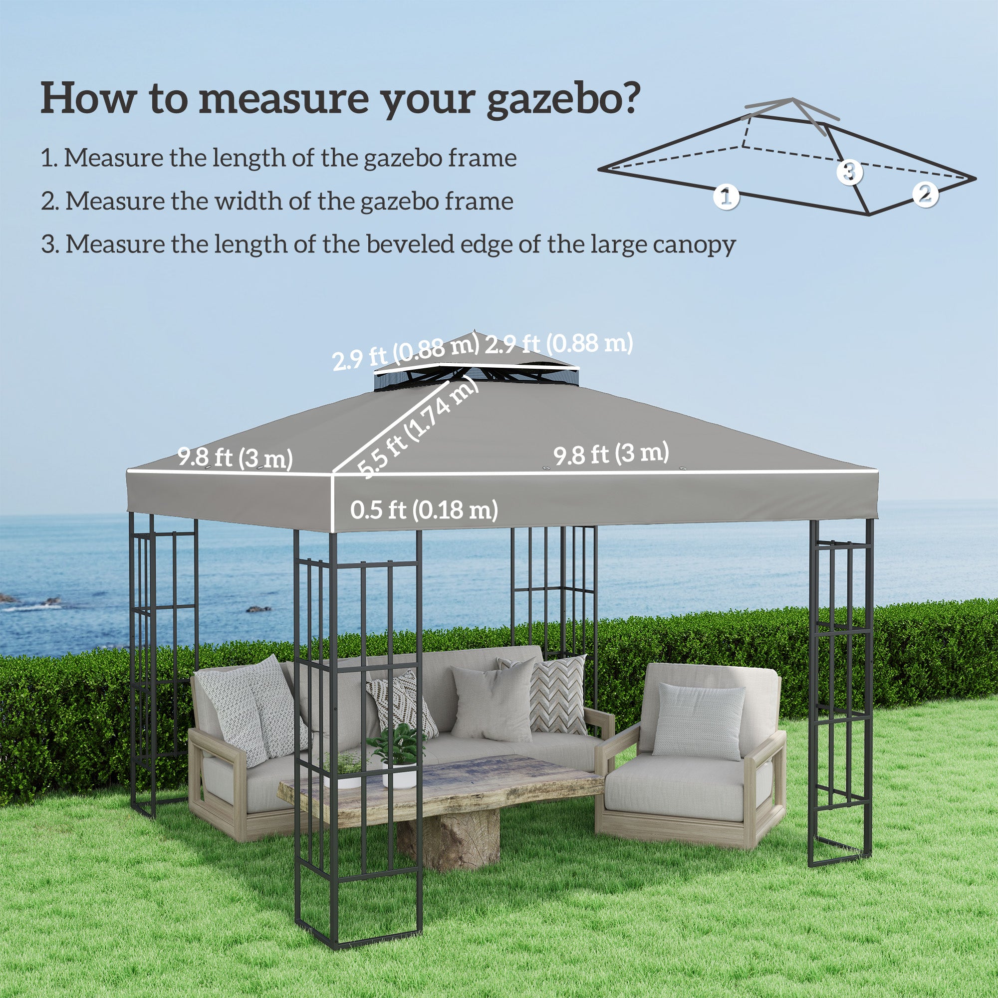 Outsunny 10' x 10' Gazebo Replacement Canopy Cover, 2-Tier Outdoor Gazebo Roof Replacement with Drain Holes, Water Resistant PVC Coating, 370g/㎡, UPF30+, TOP COVER ONLY, Grey