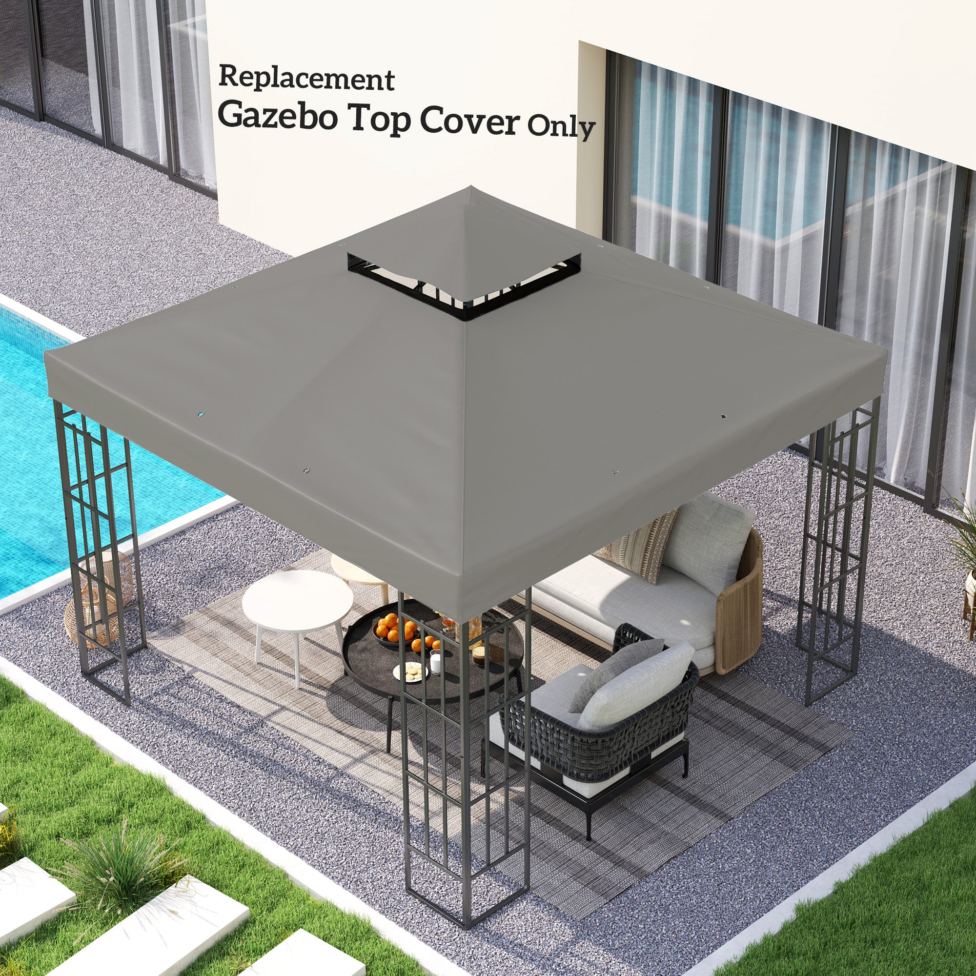 Outsunny 10' x 10' Gazebo Replacement Canopy Cover, 2-Tier Outdoor Gazebo Roof Replacement with Drain Holes, Water Resistant PVC Coating, 370g/㎡, UPF30+, TOP COVER ONLY, Grey