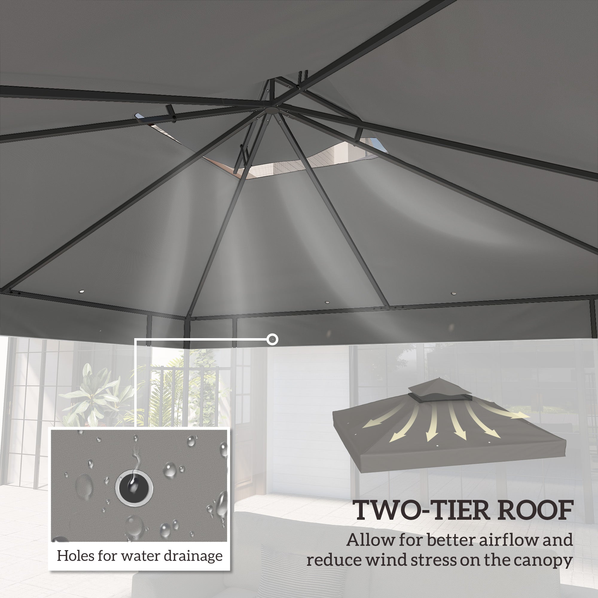 Outsunny 10' x 10' Gazebo Replacement Canopy Cover, 2-Tier Outdoor Gazebo Roof Replacement with Drain Holes, Water Resistant PVC Coating, 370g/㎡, UPF30+, TOP COVER ONLY, Grey