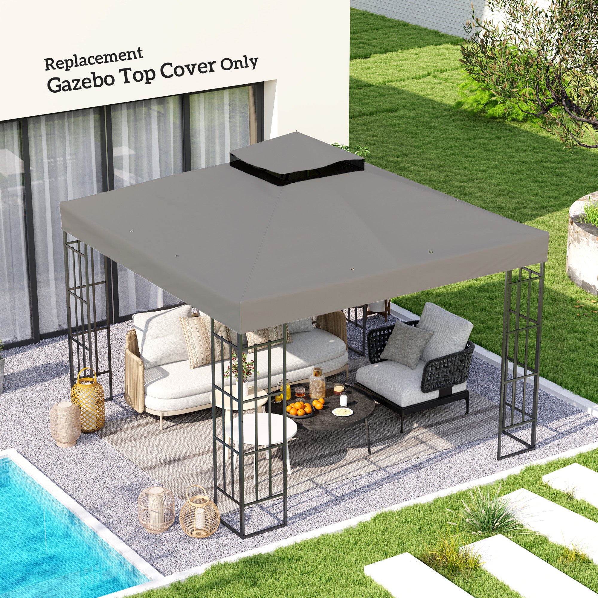 Outsunny 10' x 10' Gazebo Replacement Canopy Cover, 2-Tier Outdoor Gazebo Roof Replacement with Drain Holes, Water Resistant PVC Coating, 370g/㎡, UPF30+, TOP COVER ONLY, Grey