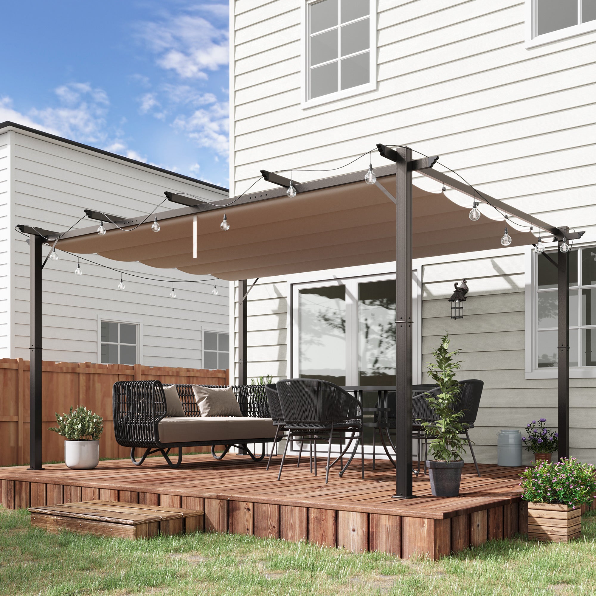 Outsunny 10' x 13' Aluminium Outdoor Pergola Gazebo Backyard Canopy Cover Square Sunshade Garden Grape Trellis Brown