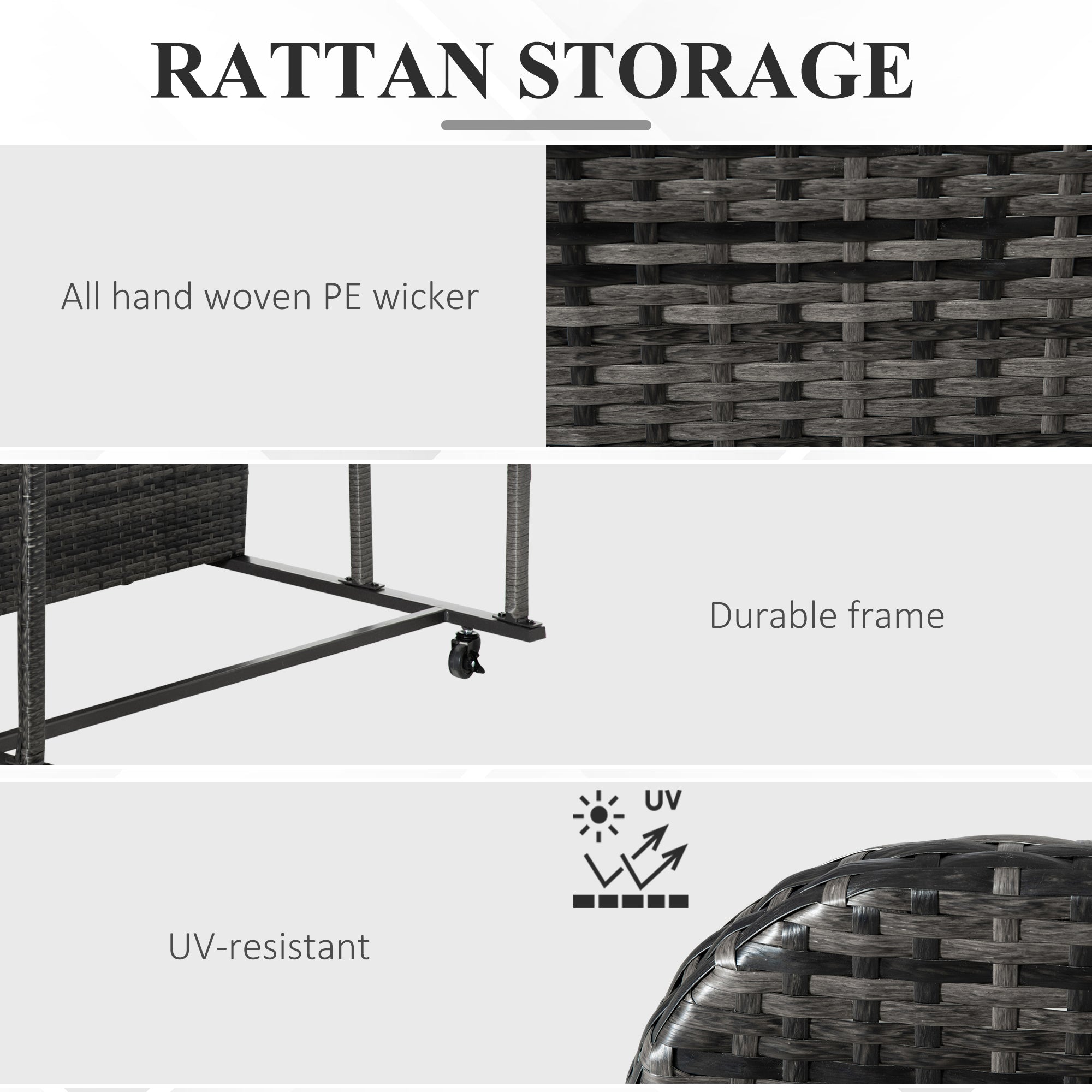 Outsunny Rolling Pool Storage Rattan Patio Furniture Outdoor Storage Wicker Organizer for Floats, Pool Noodles, Paddles, Balls, Towels, Accessories for Garden Lawn, Grey