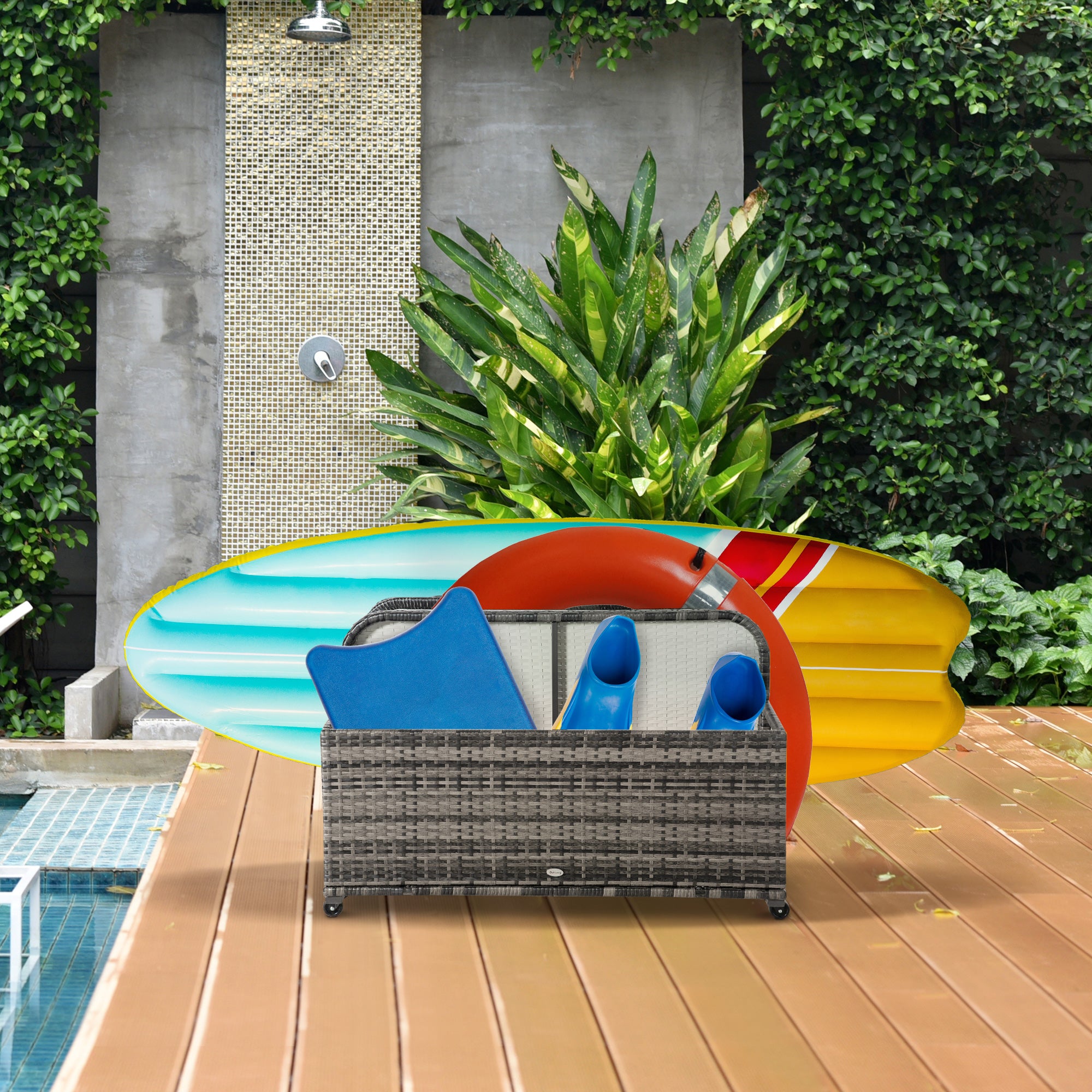Outsunny Rolling Pool Storage Rattan Patio Furniture Outdoor Storage Wicker Organizer for Floats, Pool Noodles, Paddles, Balls, Towels, Accessories for Garden Lawn, Grey