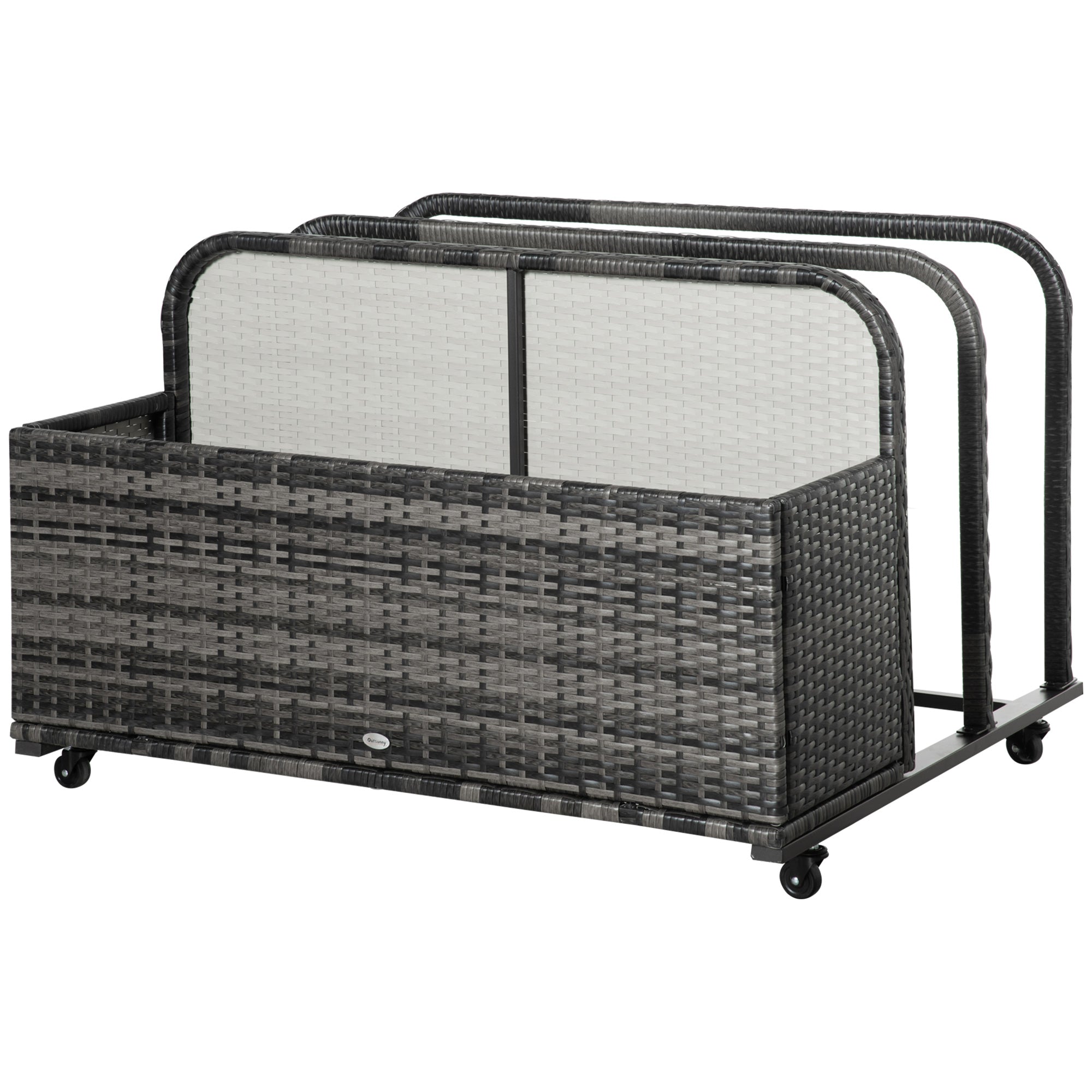Outsunny Rolling Pool Storage Rattan Patio Furniture Outdoor Storage Wicker Organizer for Floats, Pool Noodles, Paddles, Balls, Towels, Accessories for Garden Lawn, Grey