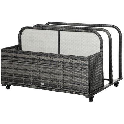 Outsunny Rolling Pool Storage Rattan Patio Furniture Outdoor Storage Wicker Organizer for Floats, Pool Noodles, Paddles, Balls, Towels, Accessories for Garden Lawn, Grey