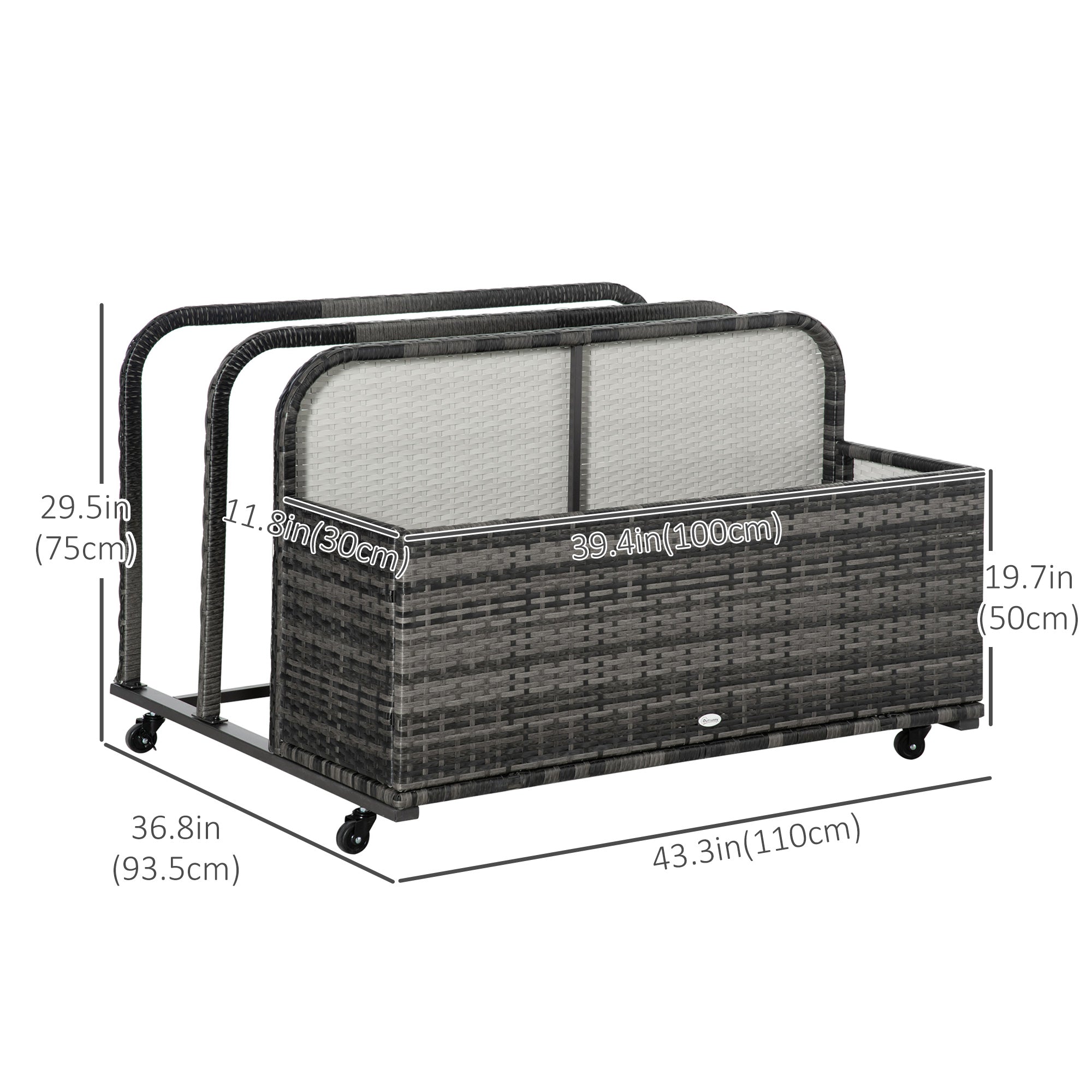 Outsunny Rolling Pool Storage Rattan Patio Furniture Outdoor Storage Wicker Organizer for Floats, Pool Noodles, Paddles, Balls, Towels, Accessories for Garden Lawn, Grey