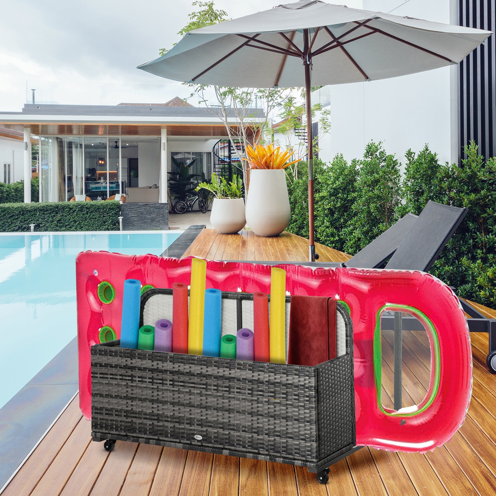 Outsunny Rolling Pool Storage Rattan Patio Furniture Outdoor Storage Wicker Organizer for Floats, Pool Noodles, Paddles, Balls, Towels, Accessories for Garden Lawn, Grey