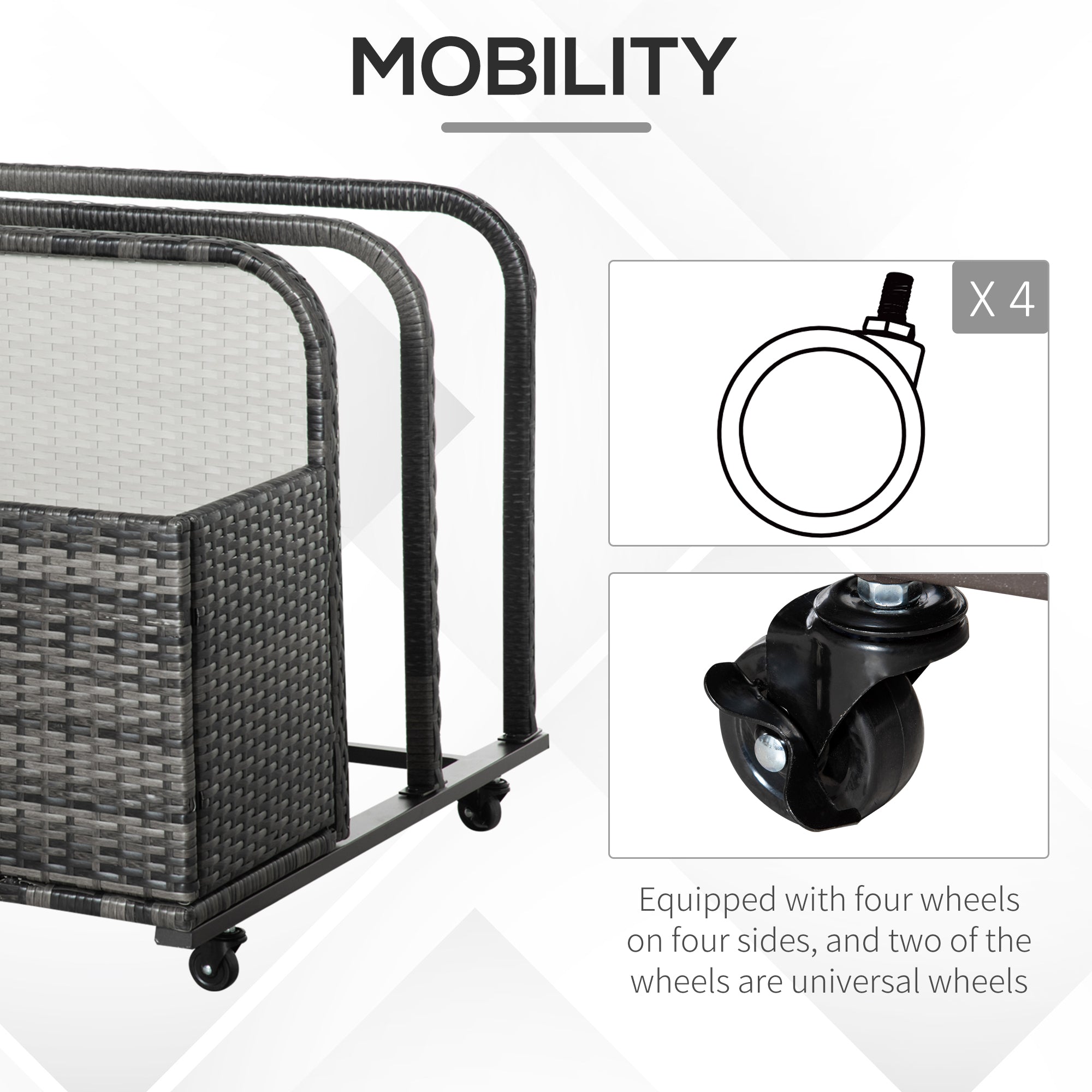 Outsunny Rolling Pool Storage Rattan Patio Furniture Outdoor Storage Wicker Organizer for Floats, Pool Noodles, Paddles, Balls, Towels, Accessories for Garden Lawn, Grey