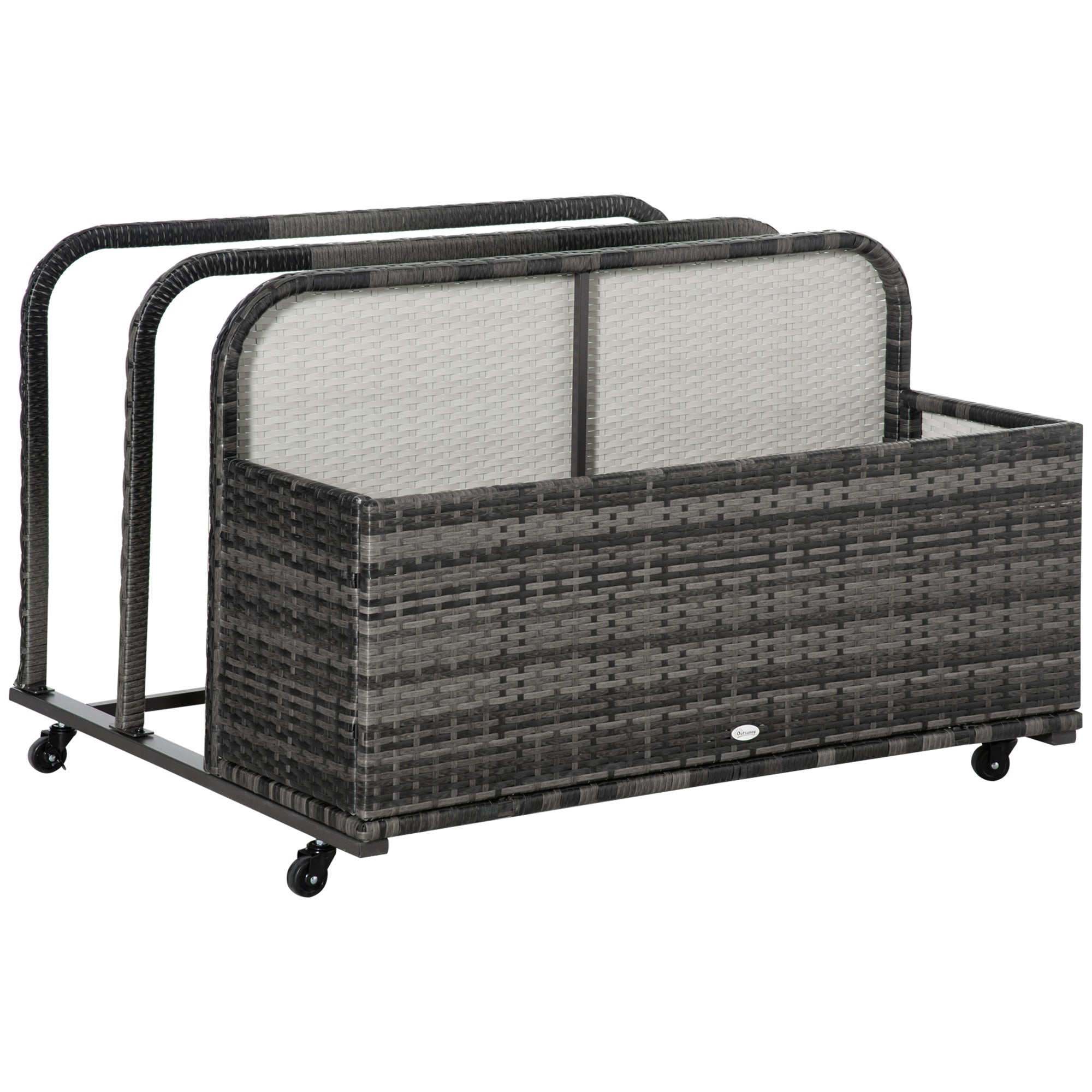 Outsunny Rolling Pool Storage Rattan Patio Furniture Outdoor Storage Wicker Organizer for Floats, Pool Noodles, Paddles, Balls, Towels, Accessories for Garden Lawn, Grey