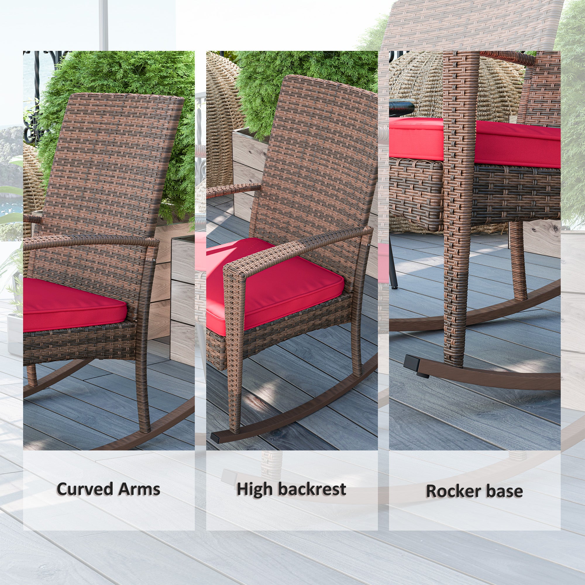 Outsunny Outdoor PE Rattan Rocking Chair, Garden Wicker Glider Rocking Chair Set with Armrest and Cushion for Patio, Balcony, Deck, Wine Red