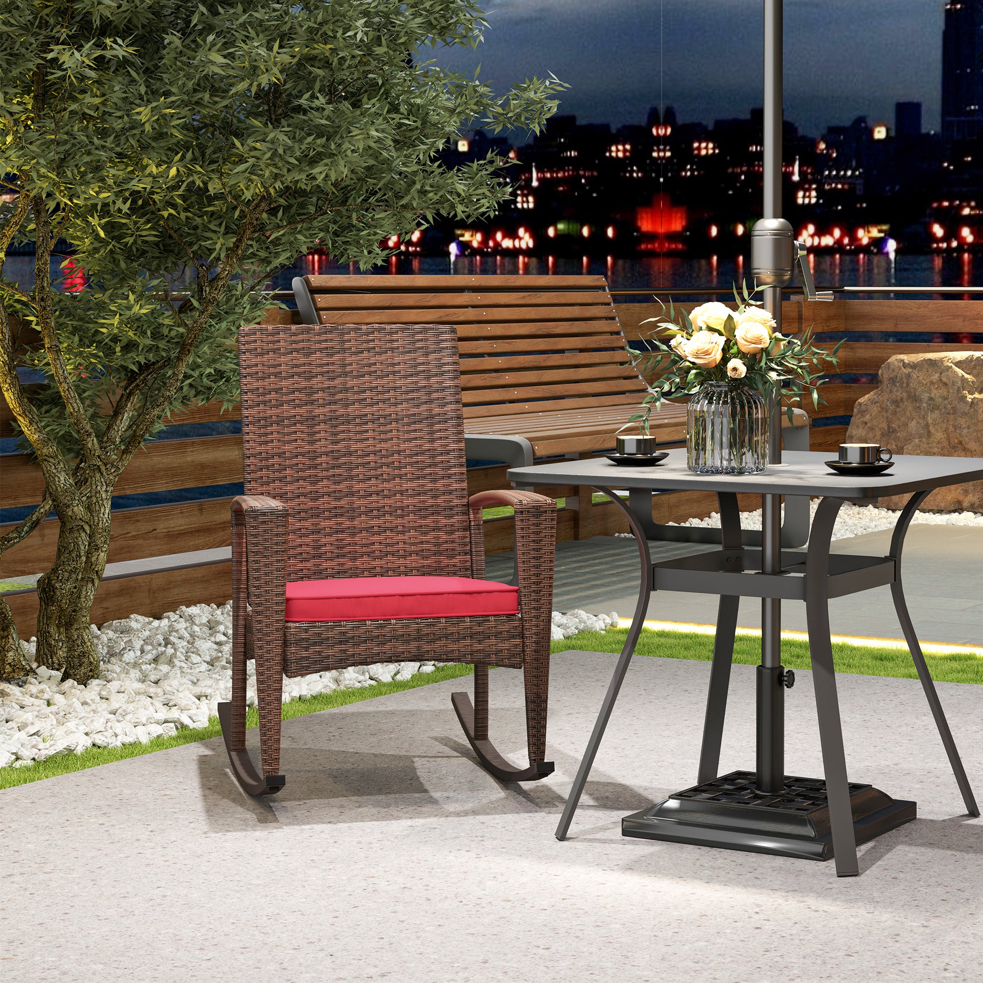 Outsunny Outdoor PE Rattan Rocking Chair, Garden Wicker Glider Rocking Chair Set with Armrest and Cushion for Patio, Balcony, Deck, Wine Red