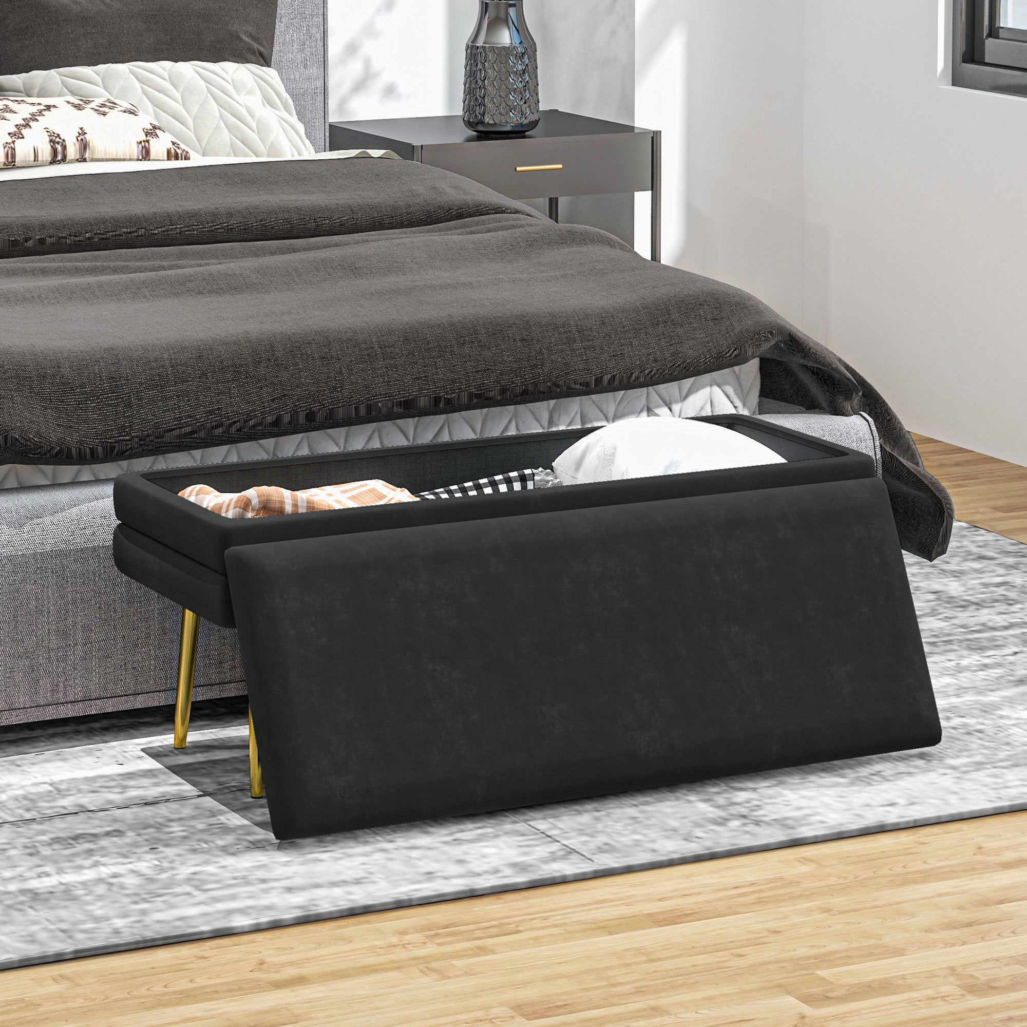 HOMCOM Storage Bench, Velvet-feel Upholstered End of Bed Bench with Gold Tone Legs, Bench with Storage for Living Room, Entryway, Bedroom, Black