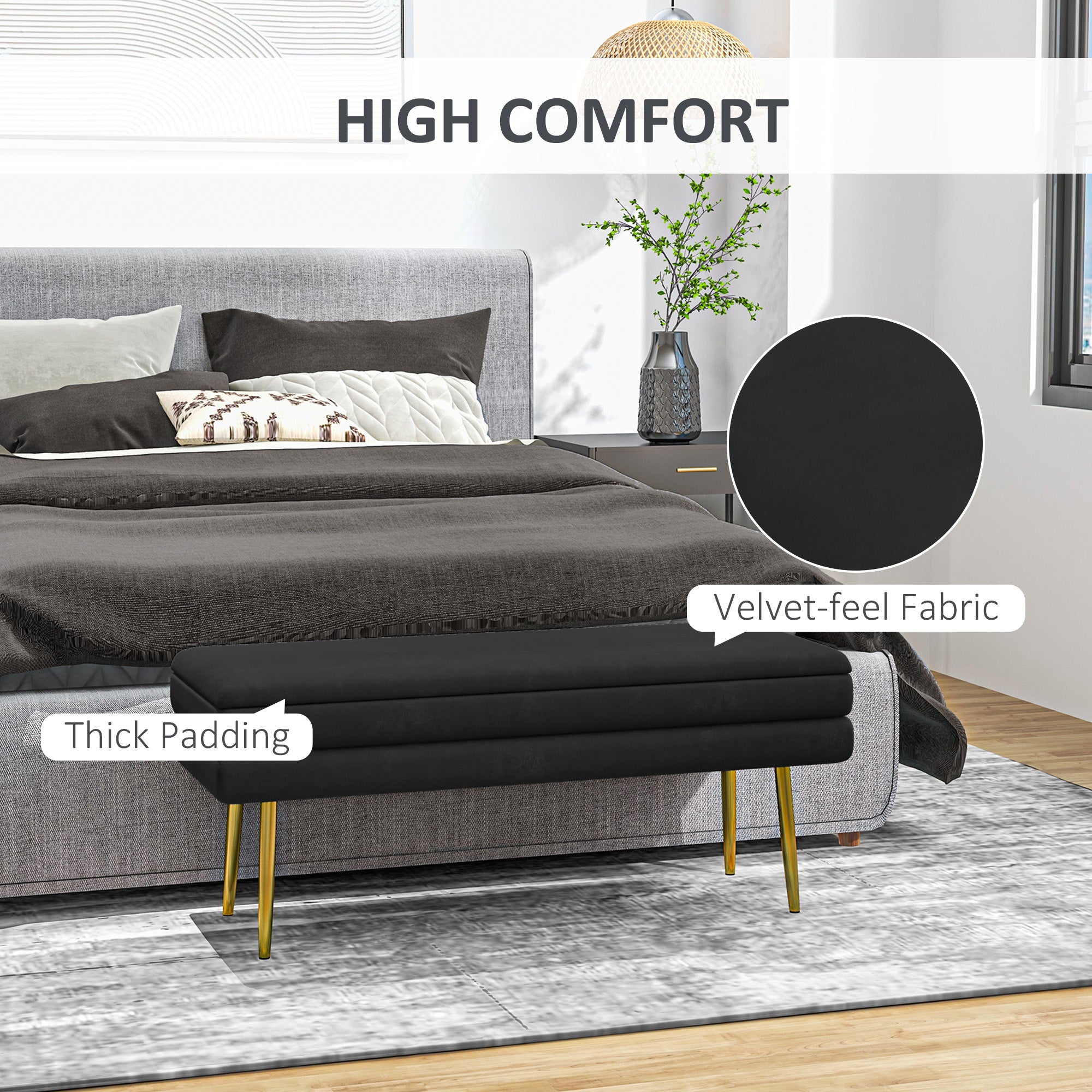 HOMCOM Storage Bench, Velvet-feel Upholstered End of Bed Bench with Gold Tone Legs, Bench with Storage for Living Room, Entryway, Bedroom, Black